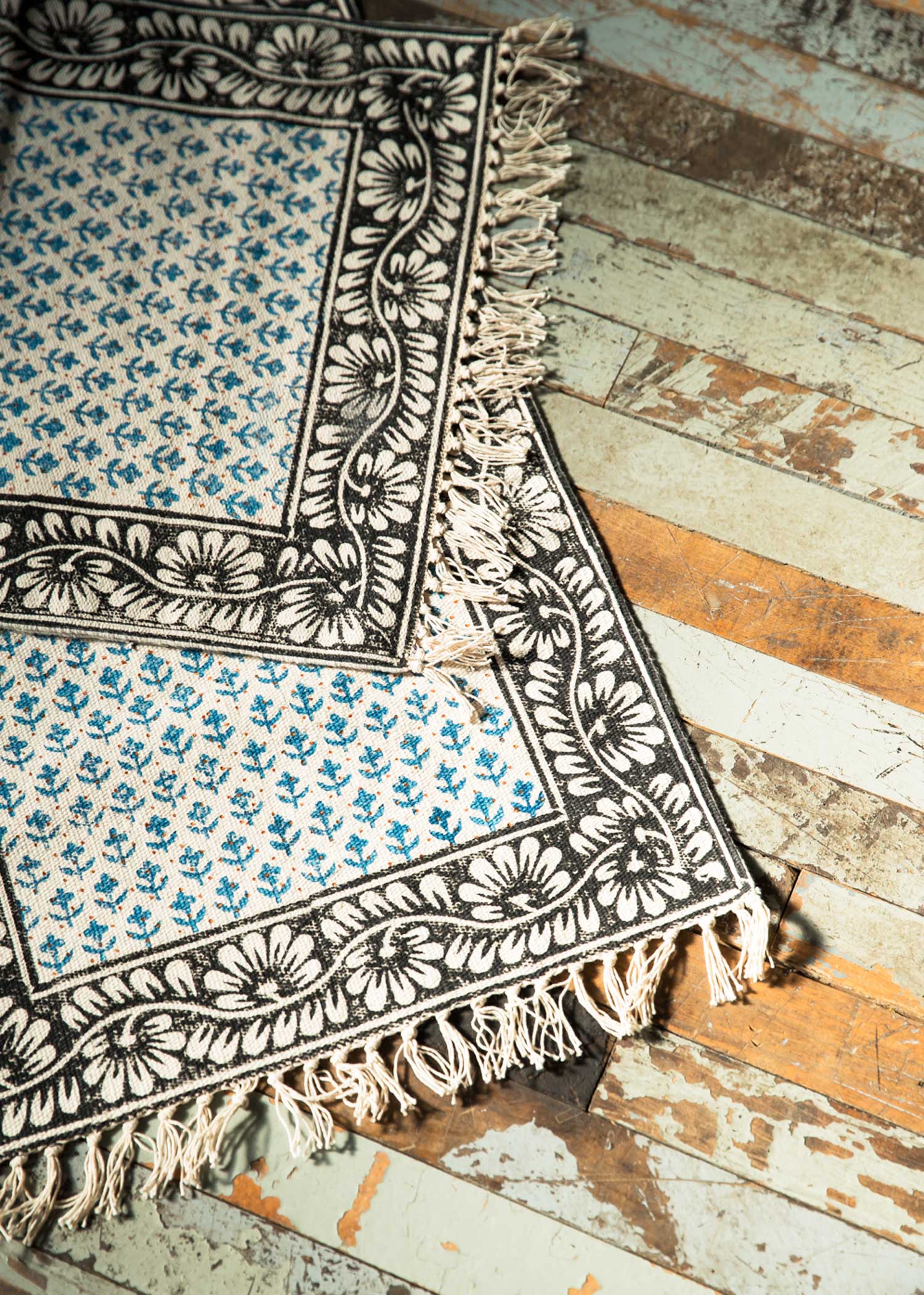 手織りブロックプリントラグマット(中)