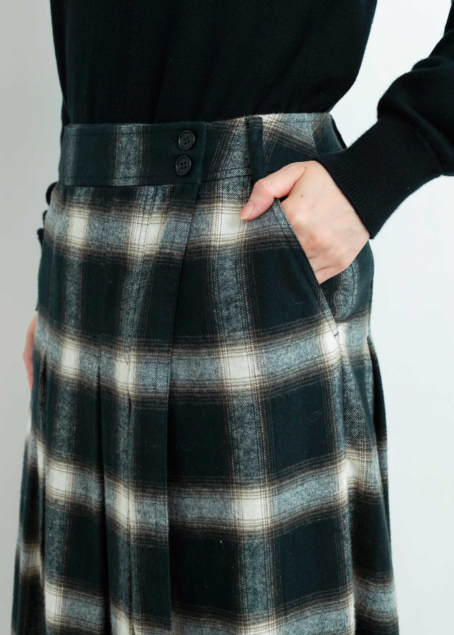 手織りオーガニックコットン起毛オンブレチェックタックスカート