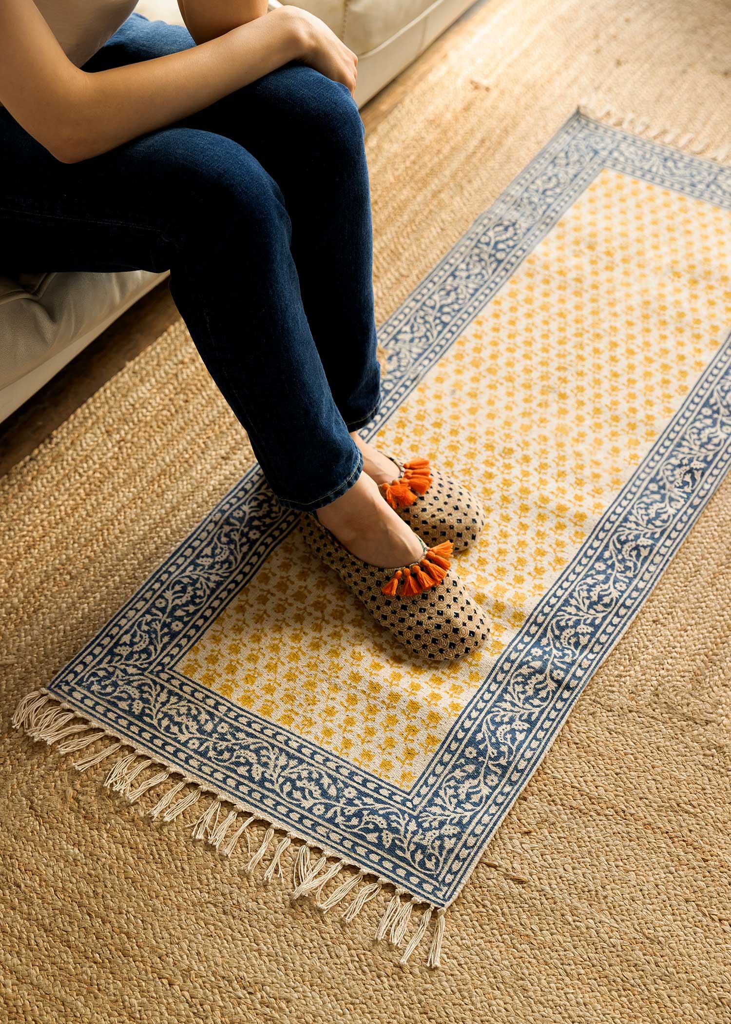 手織りブロックプリントラグマット(中)