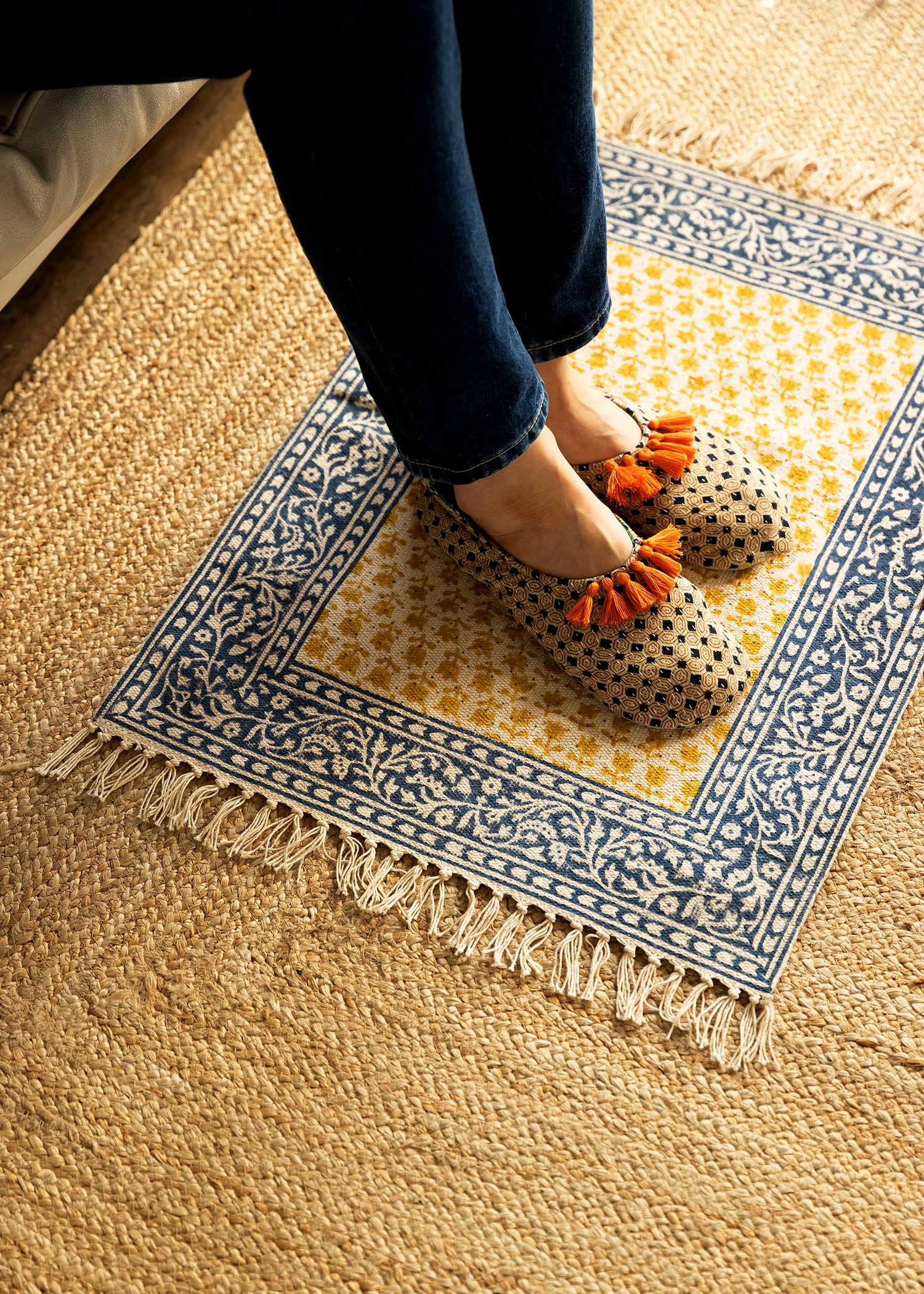 手織りブロックプリントラグマット(小)