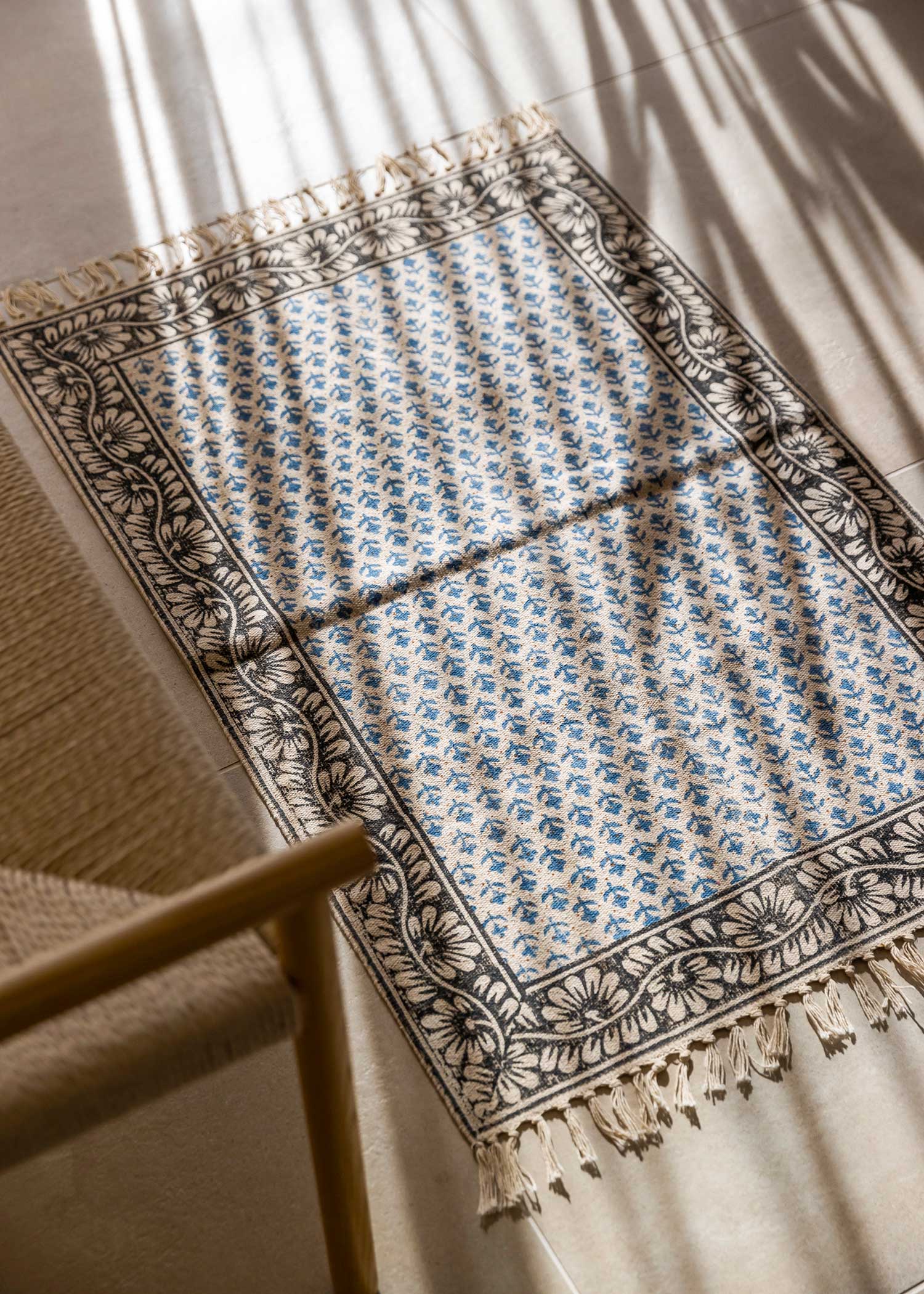 手織りブロックプリントラグマット(大)