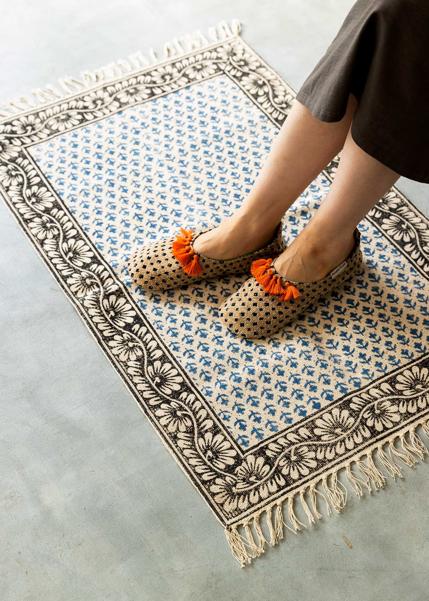 手織りブロックプリントラグマット(大)