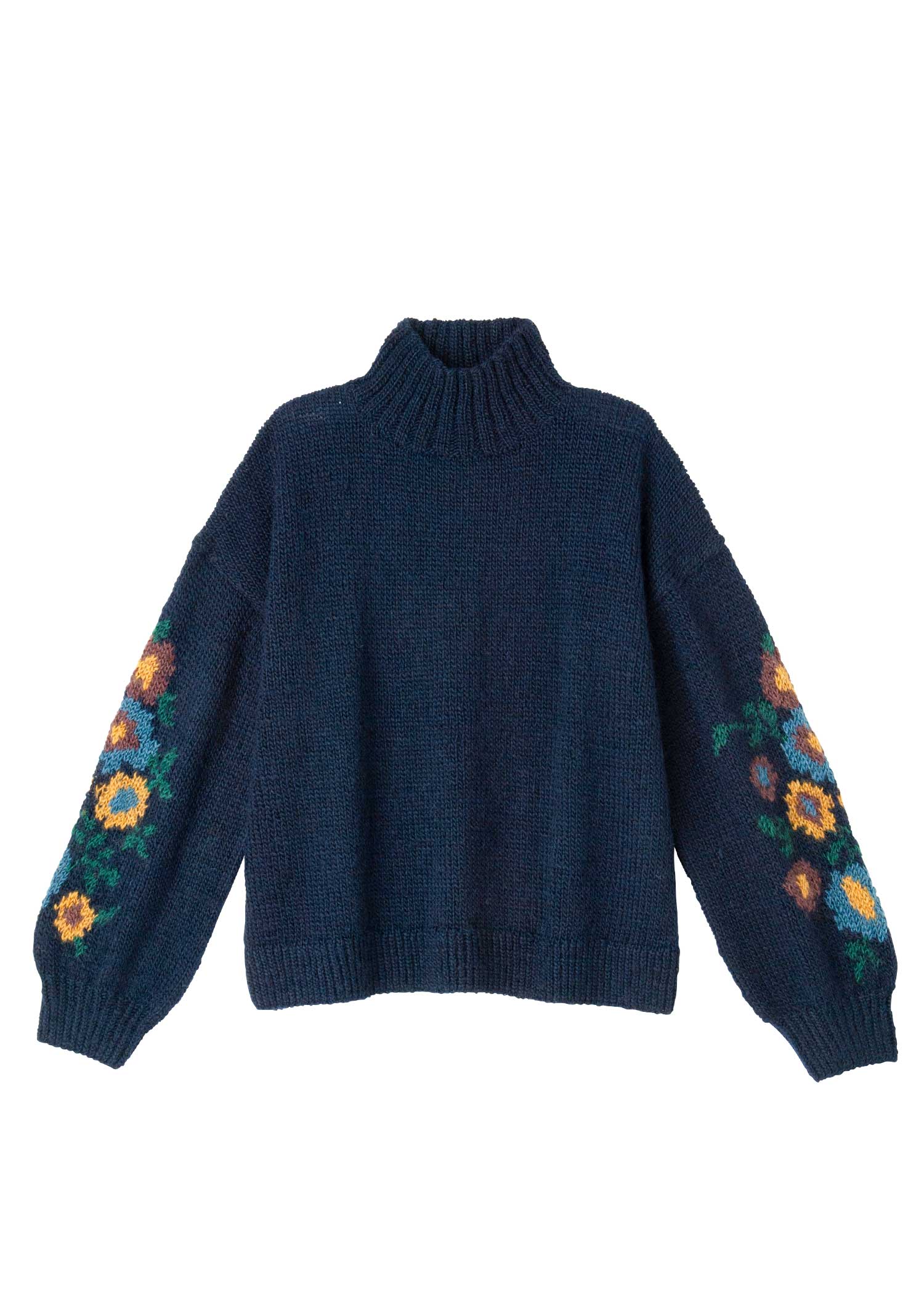 手編み花柄ジャカードハイネックプルオーバー