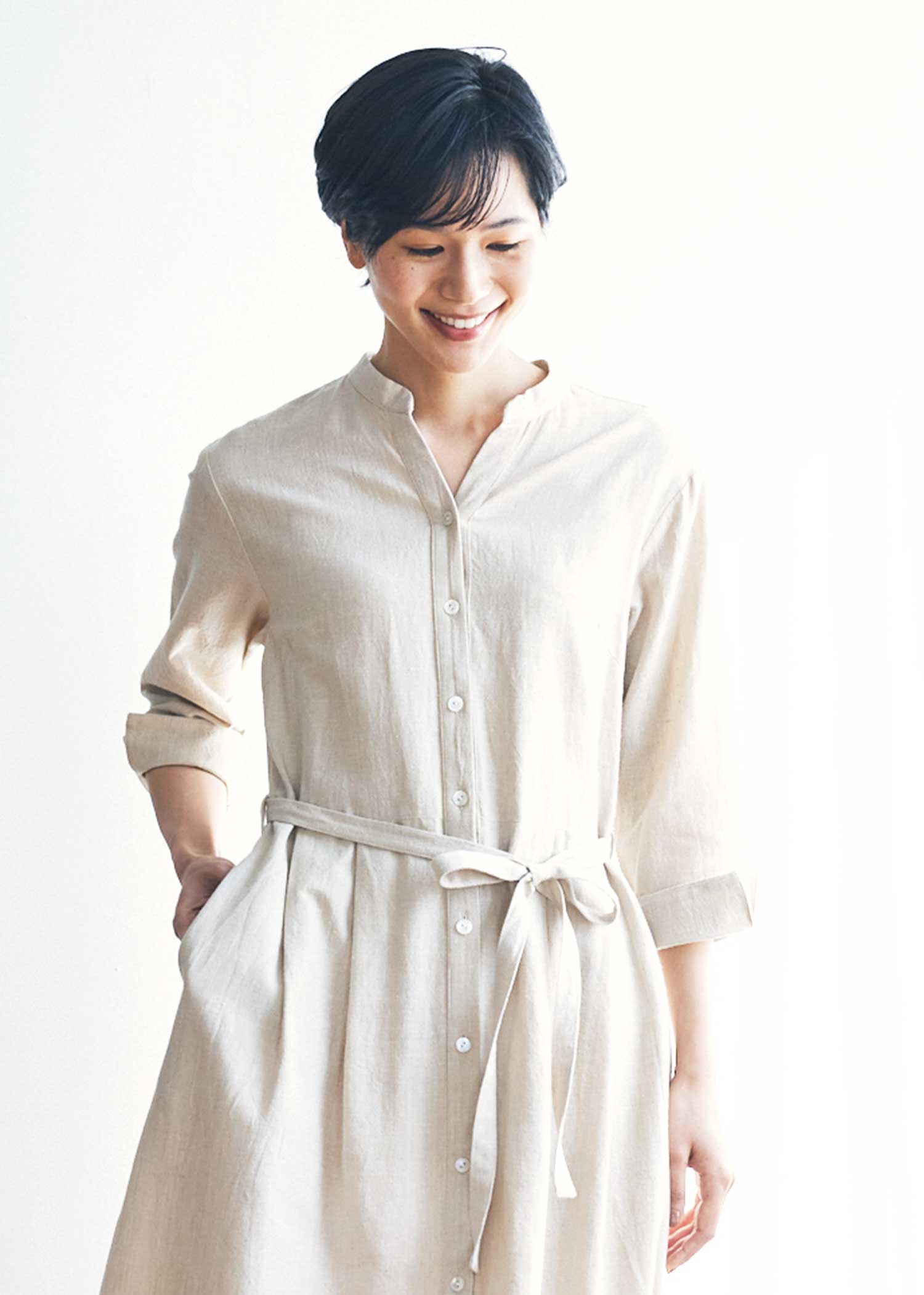 手織りコットンヘンプ七分袖シャツワンピース