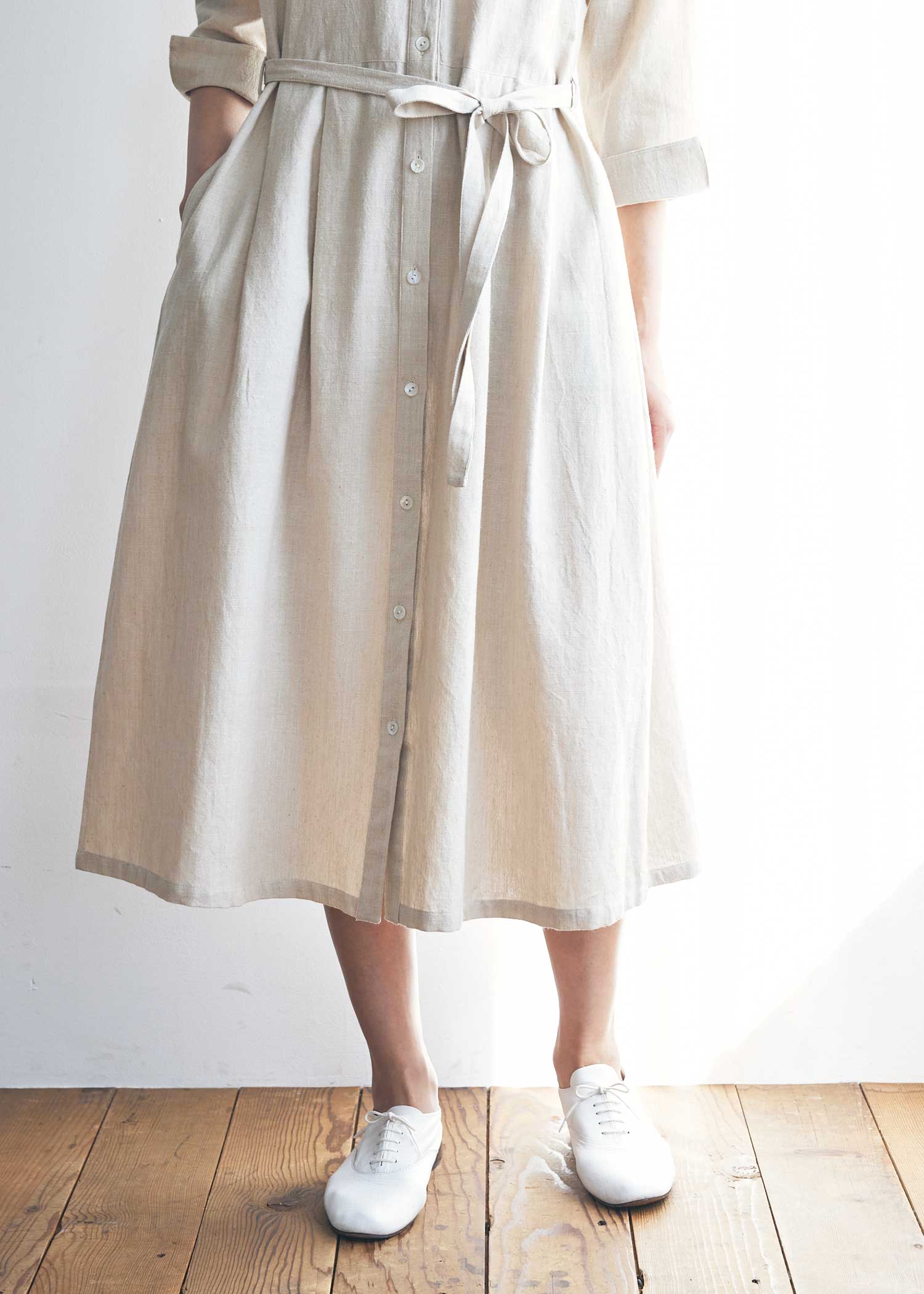 手織りコットンヘンプ七分袖シャツワンピース