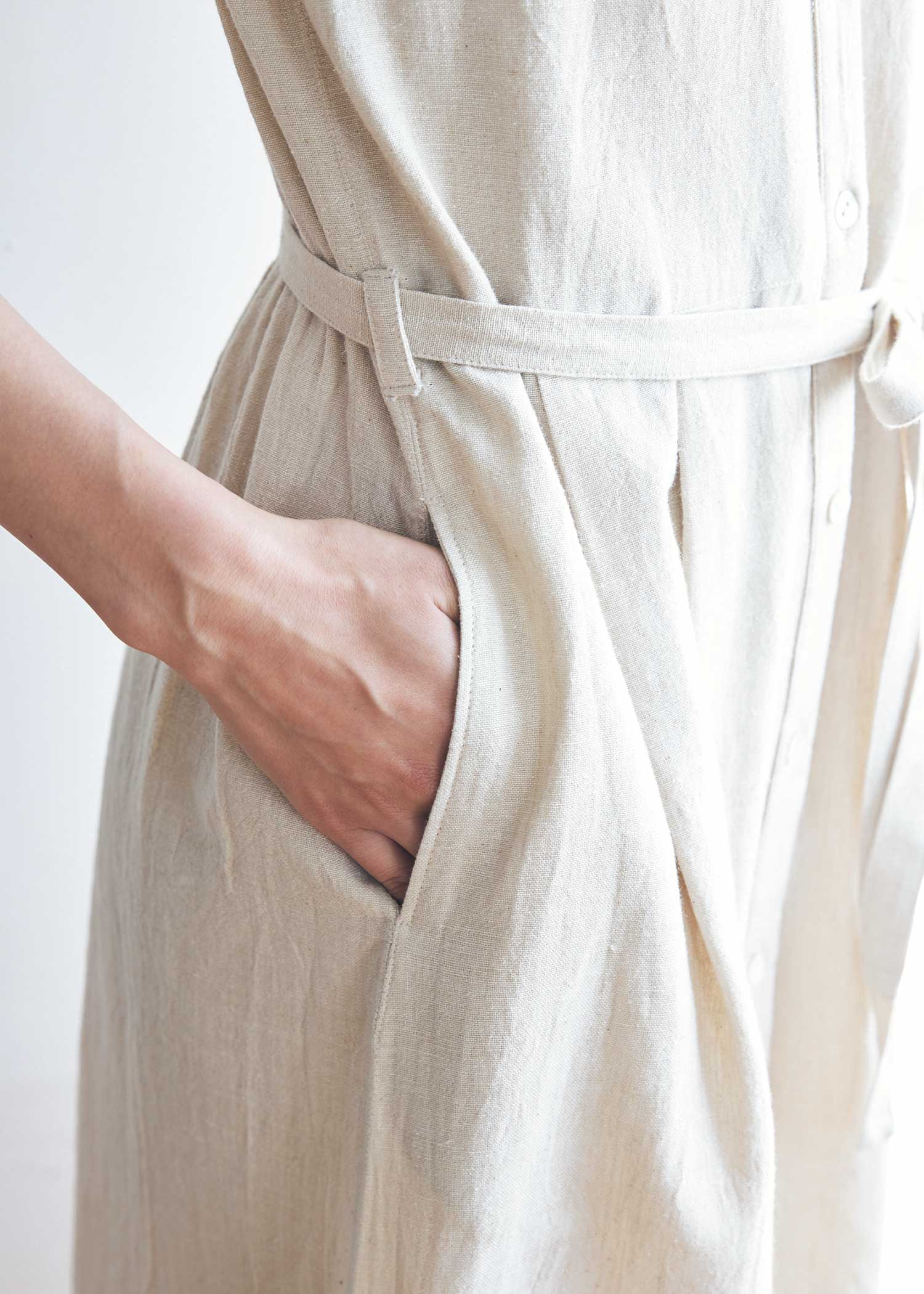 手織りコットンヘンプ七分袖シャツワンピース