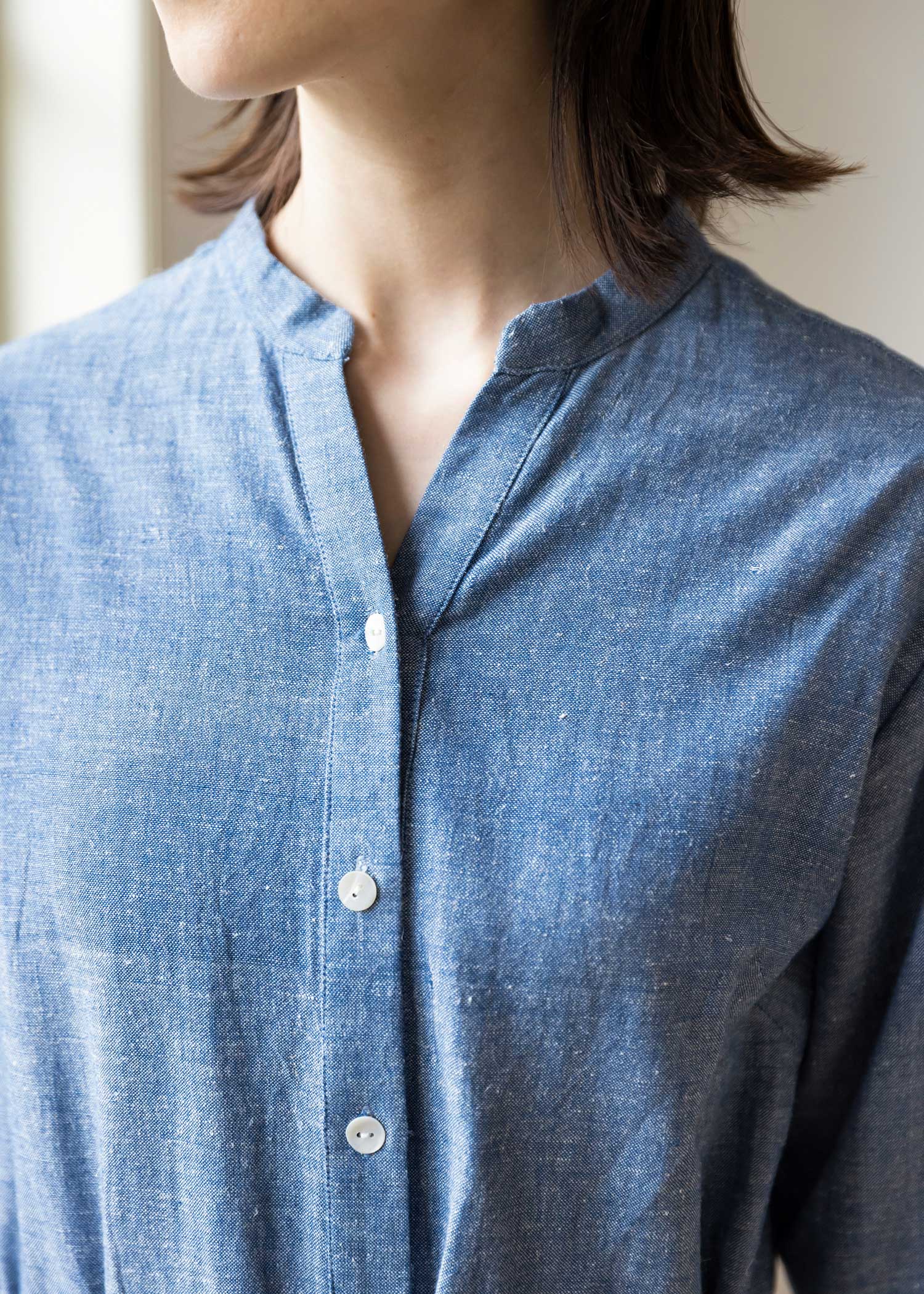 手織りコットンヘンプ七分袖シャツワンピース