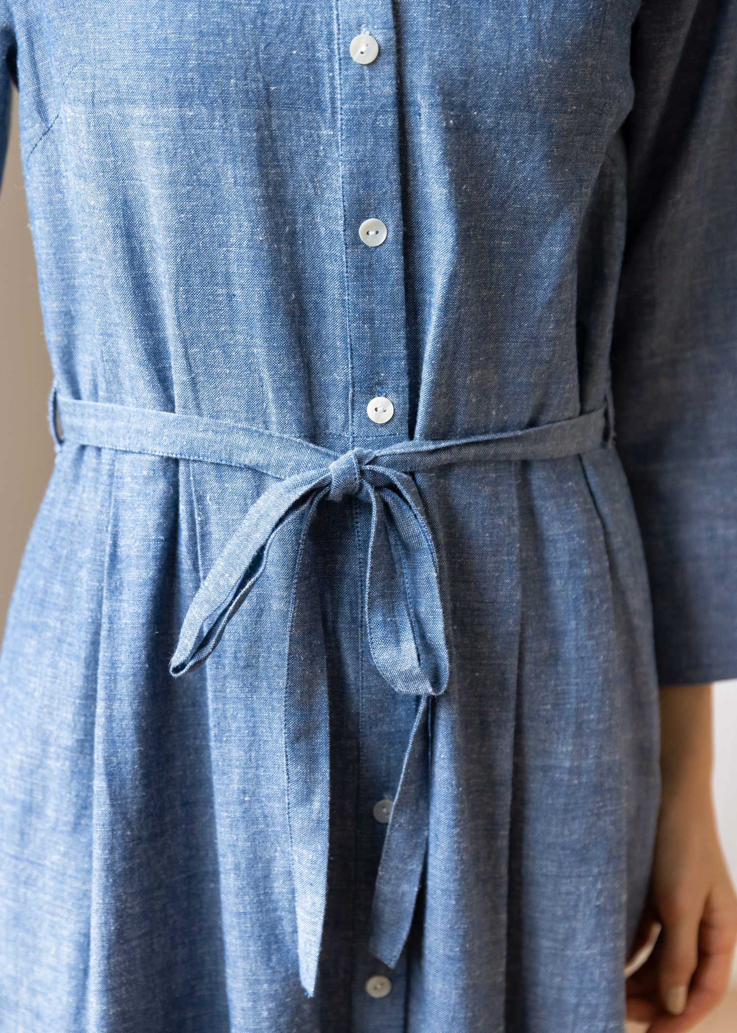 手織りコットンヘンプ七分袖シャツワンピース