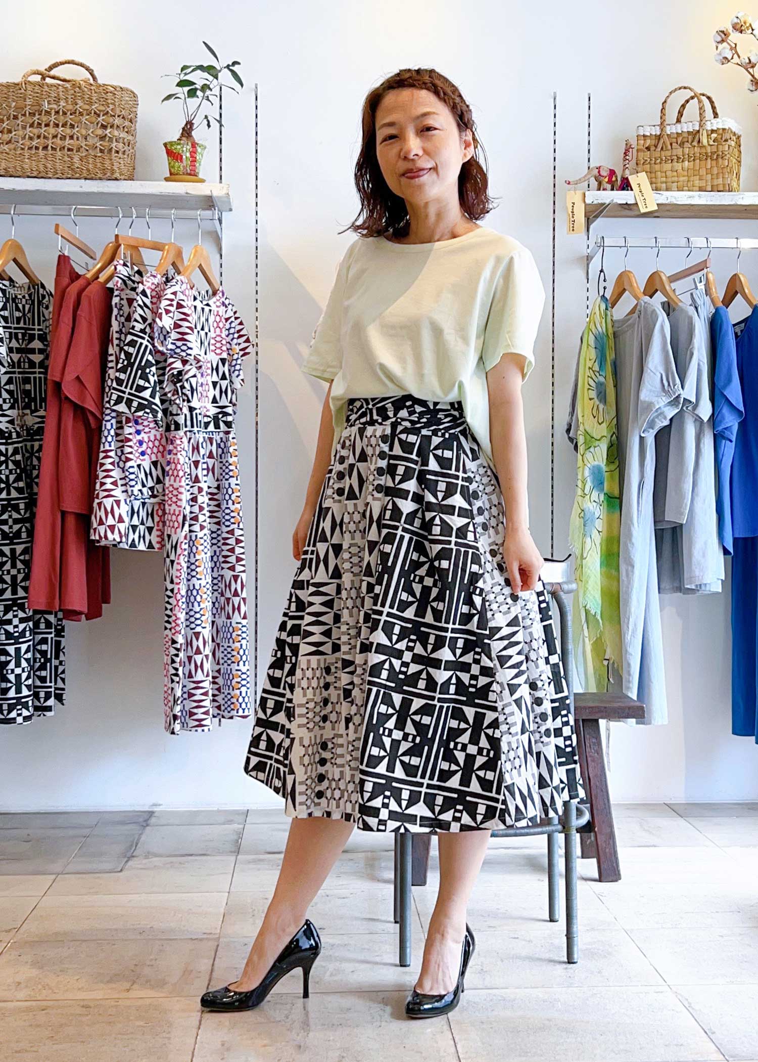 コットンスラブジオメトリック柄ブロッキングスカート