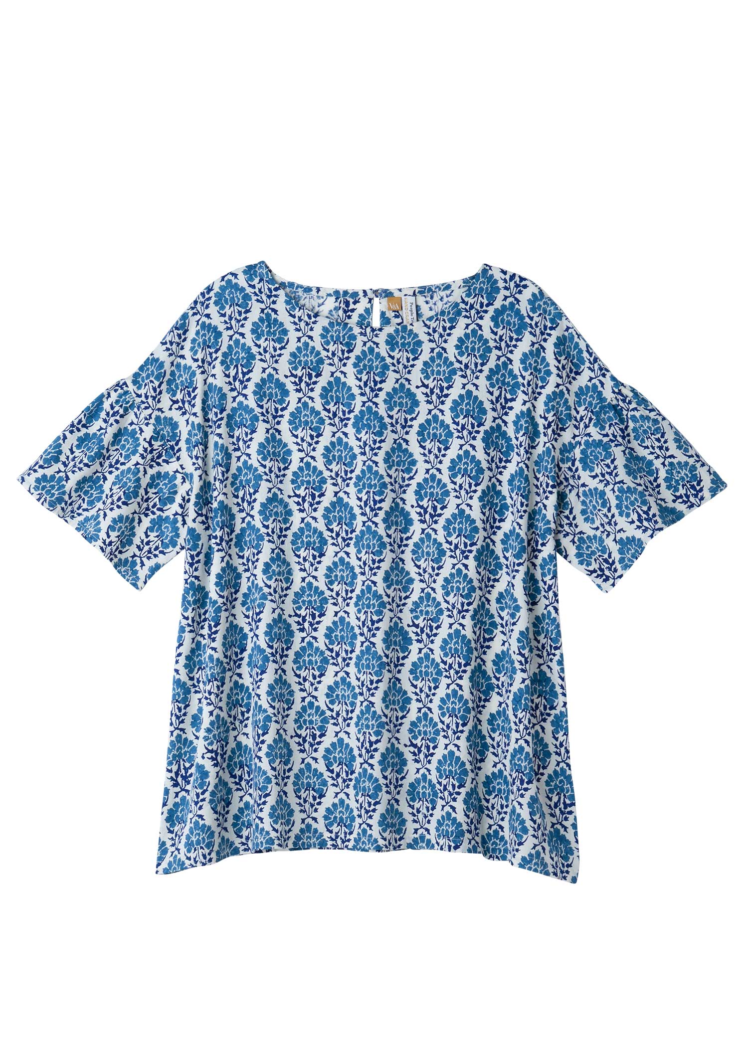 V&A ブロックプリントコットンサテンベルスリーブブラウス