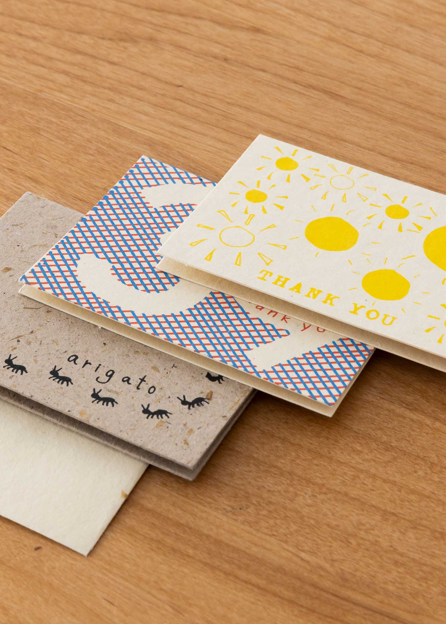 手漉き紙のミニグリーティングカード(3枚セット) サンキュー・アリ&太陽