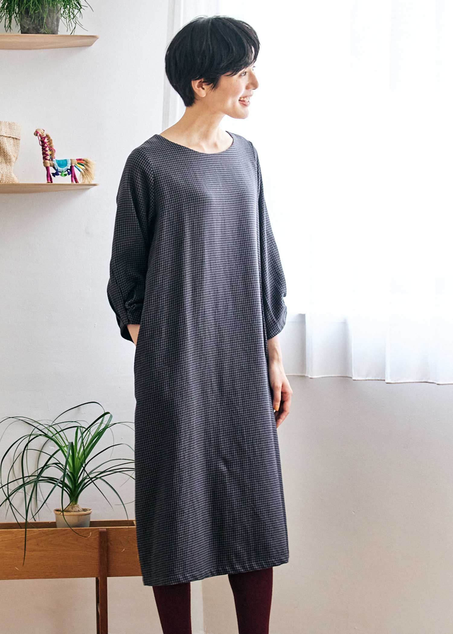 手織りオーガニックコットン千鳥格子ランタンスリーブワンピース
