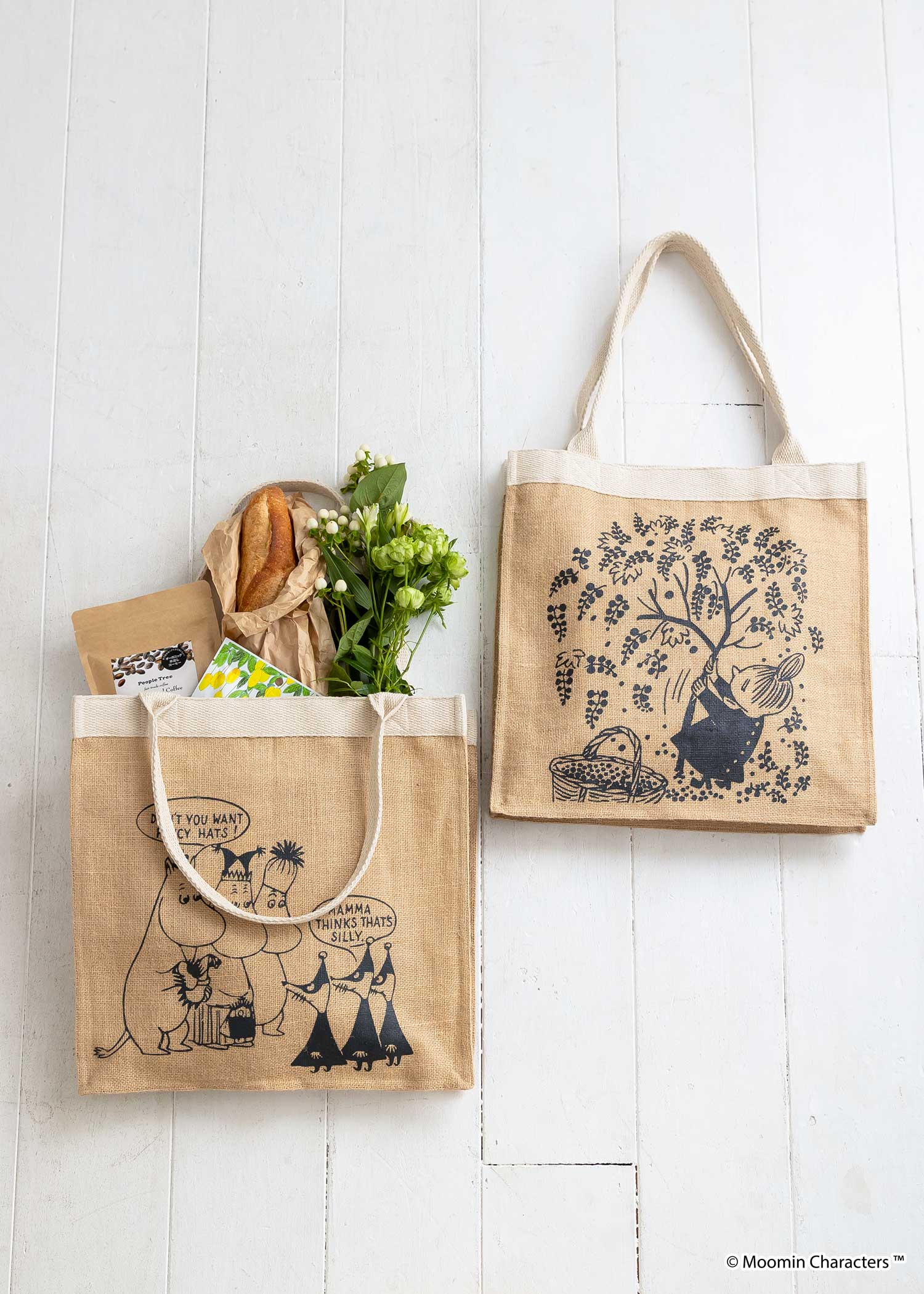 ムーミン ジュートプリントスクエアトートバッグ・派手な帽子