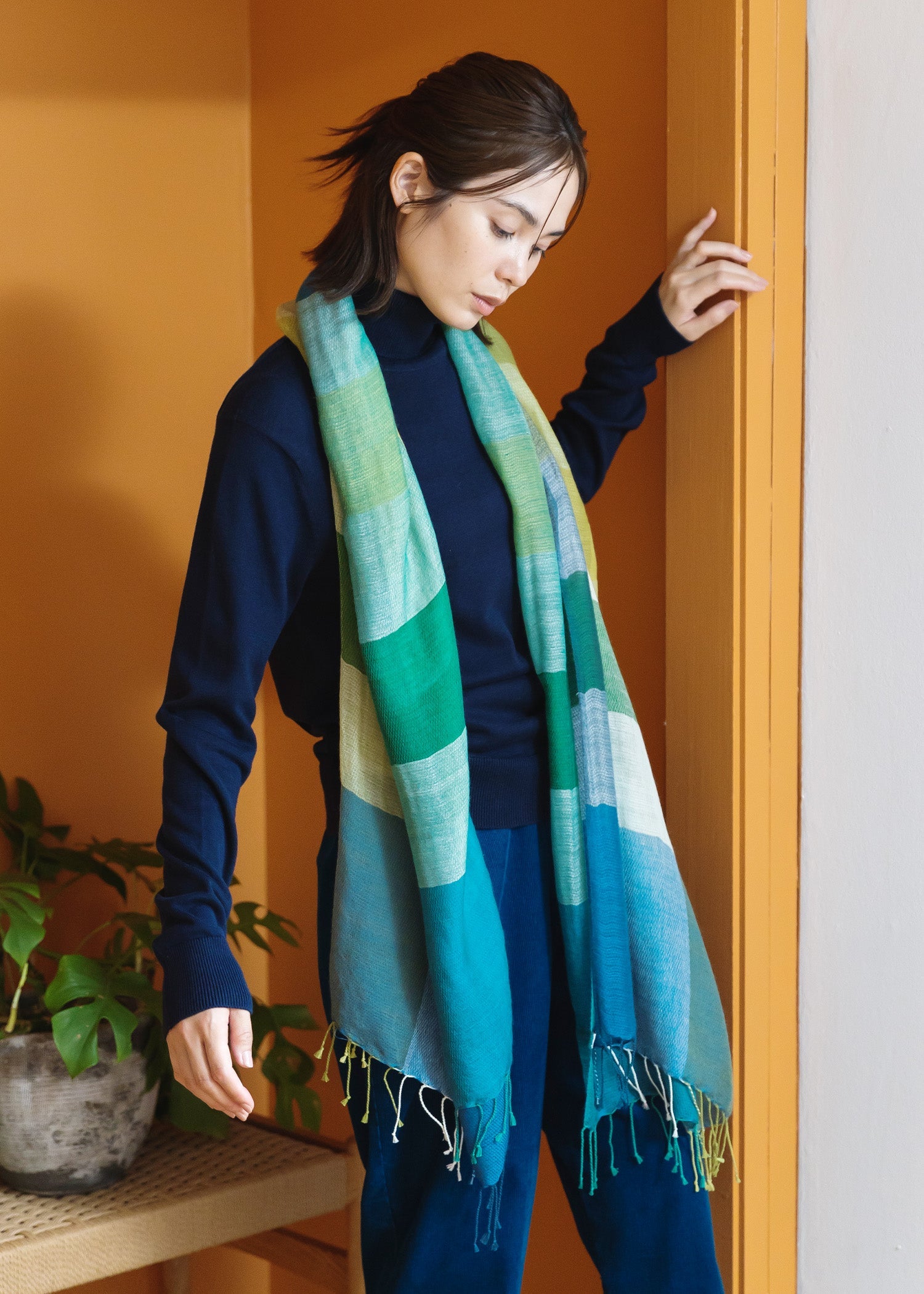 手織りウール＆コットンチェックストール 