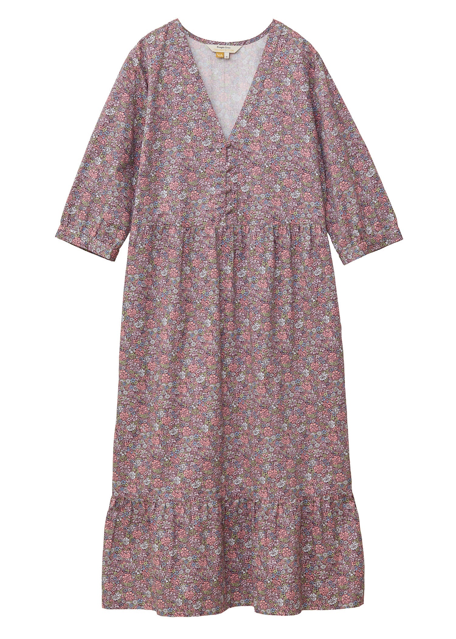 V&A オーガニックコットンサテンVネックワンピース フローラリア柄