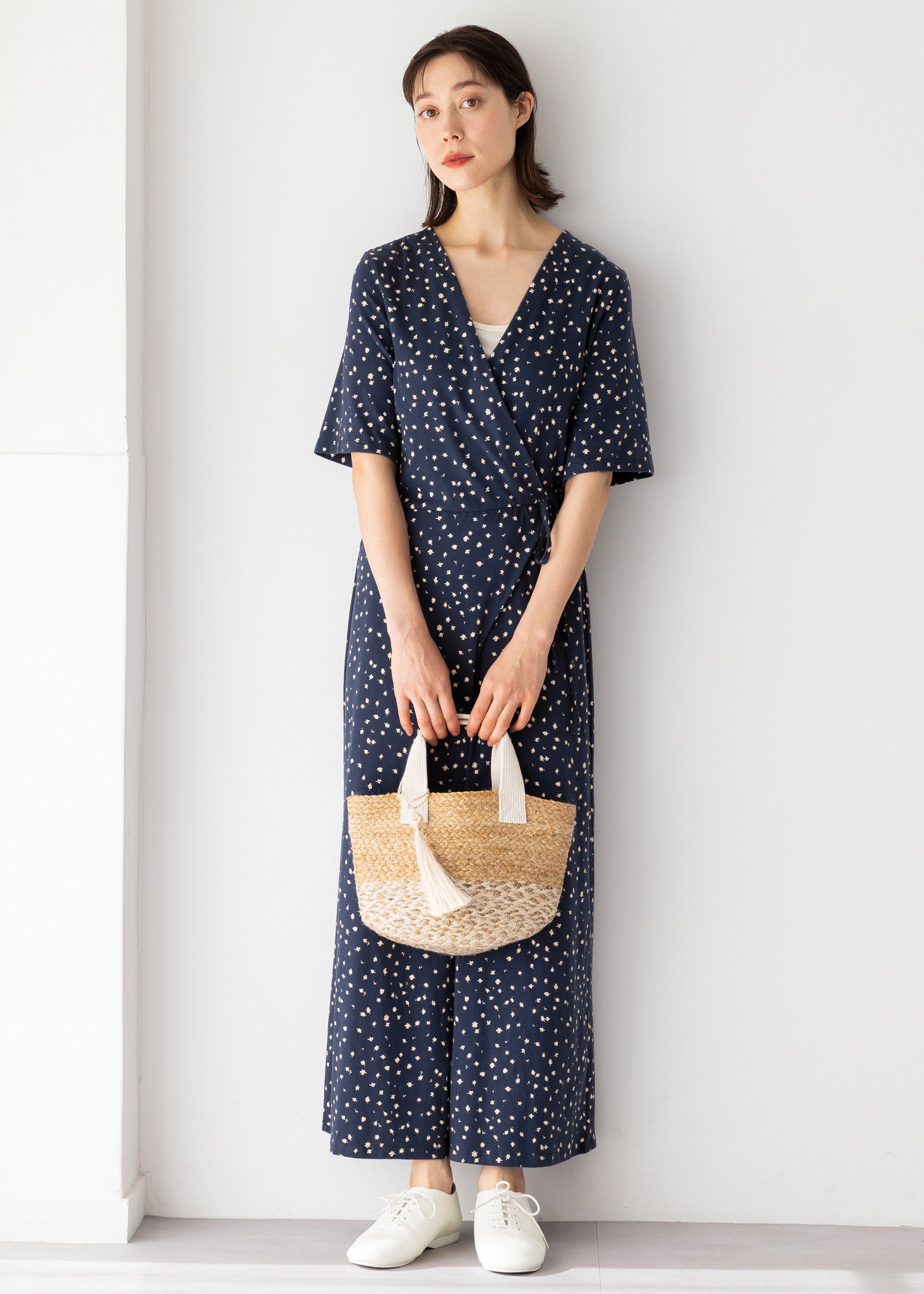 オーガニックコットンストレッチリーフ柄プリントオールインワン