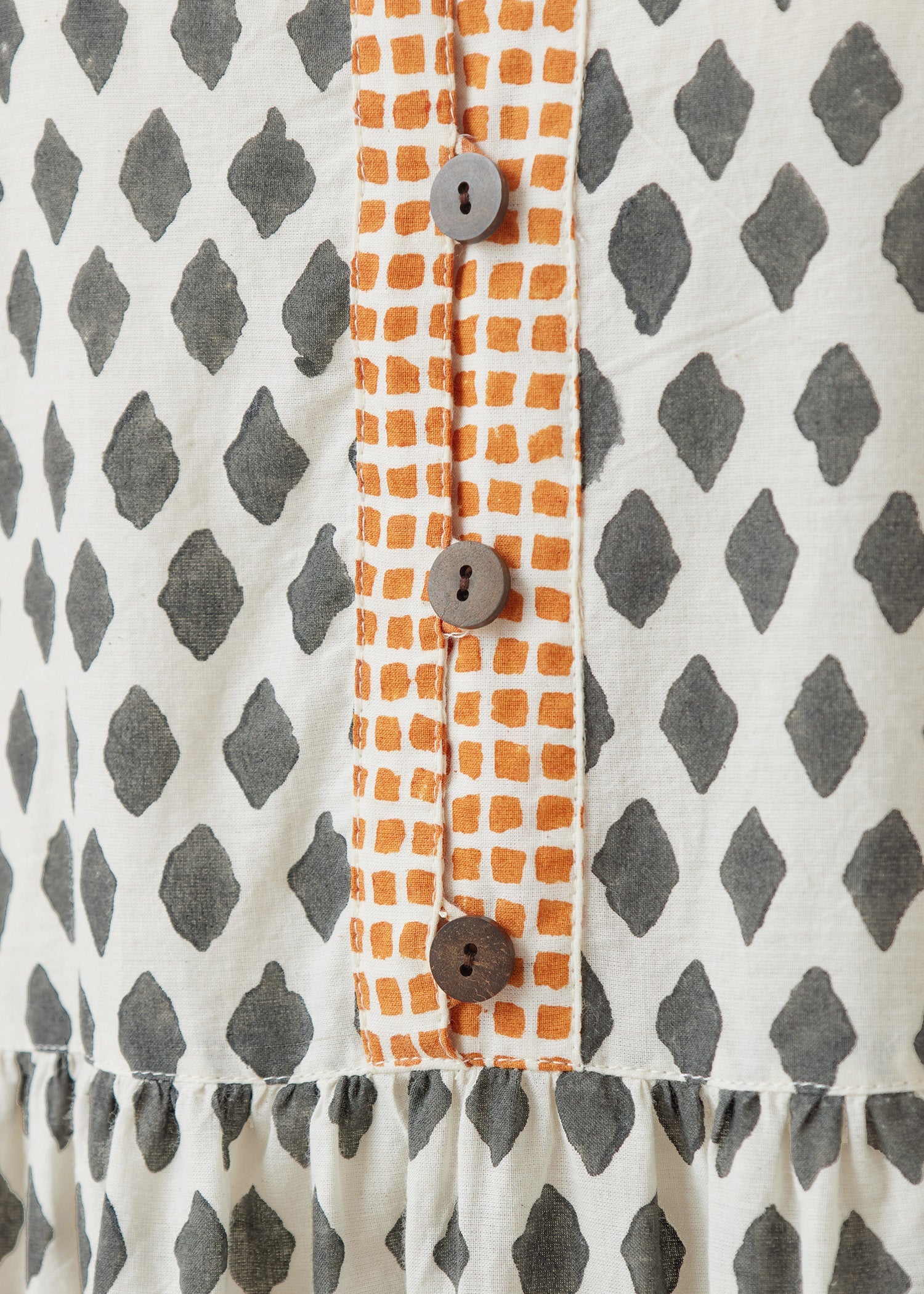 コットンブロックプリント ジオメトリック フレアスリーブワンピース