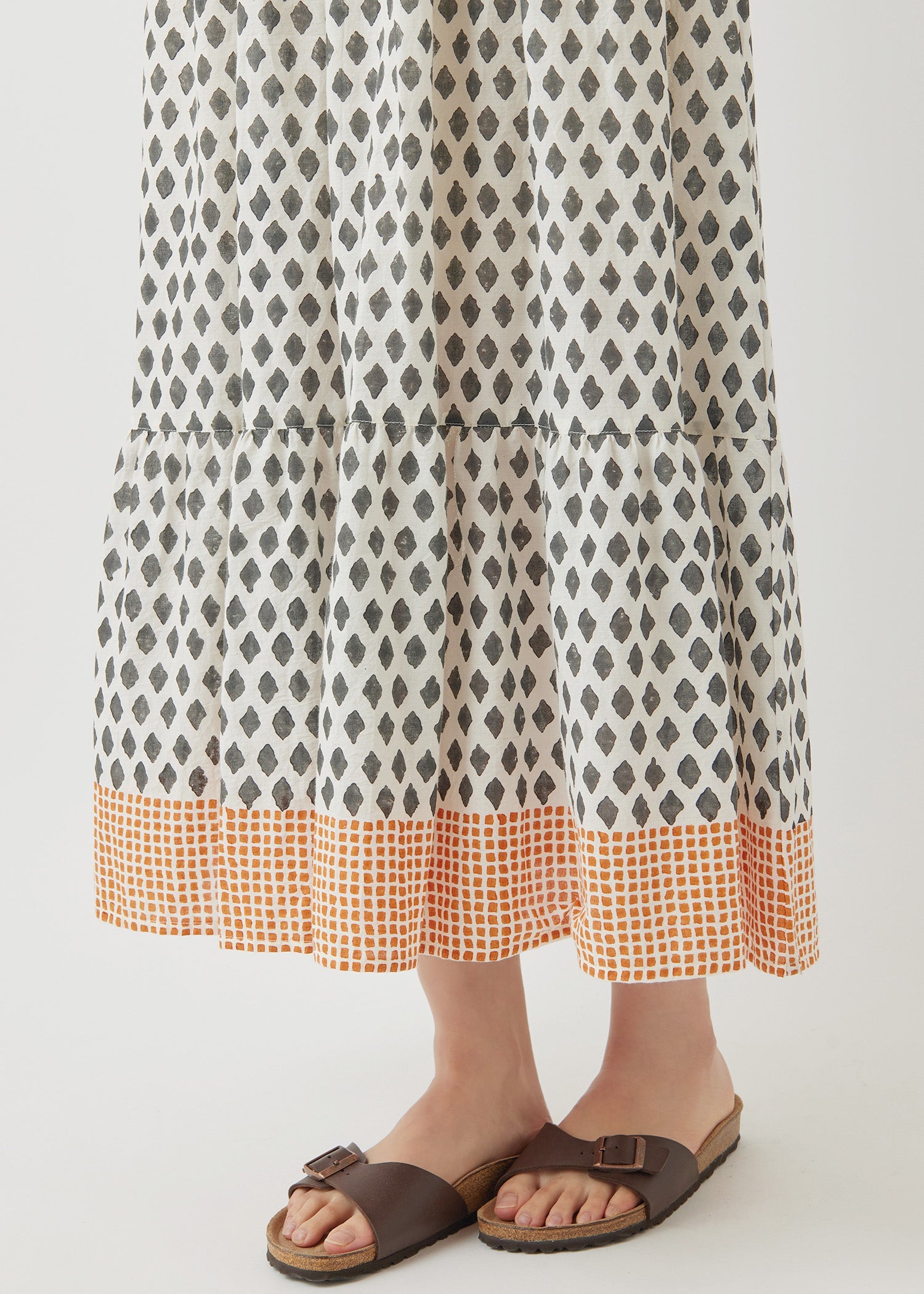 コットンブロックプリント ジオメトリック フレアスリーブワンピース