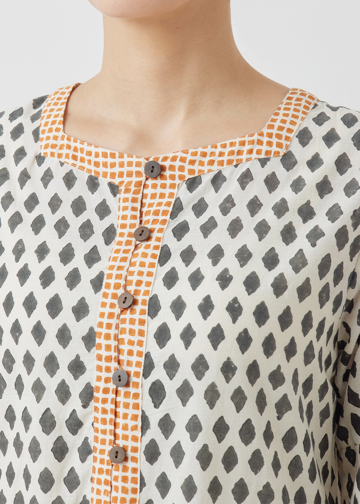 コットンブロックプリント ジオメトリック フレアスリーブワンピース