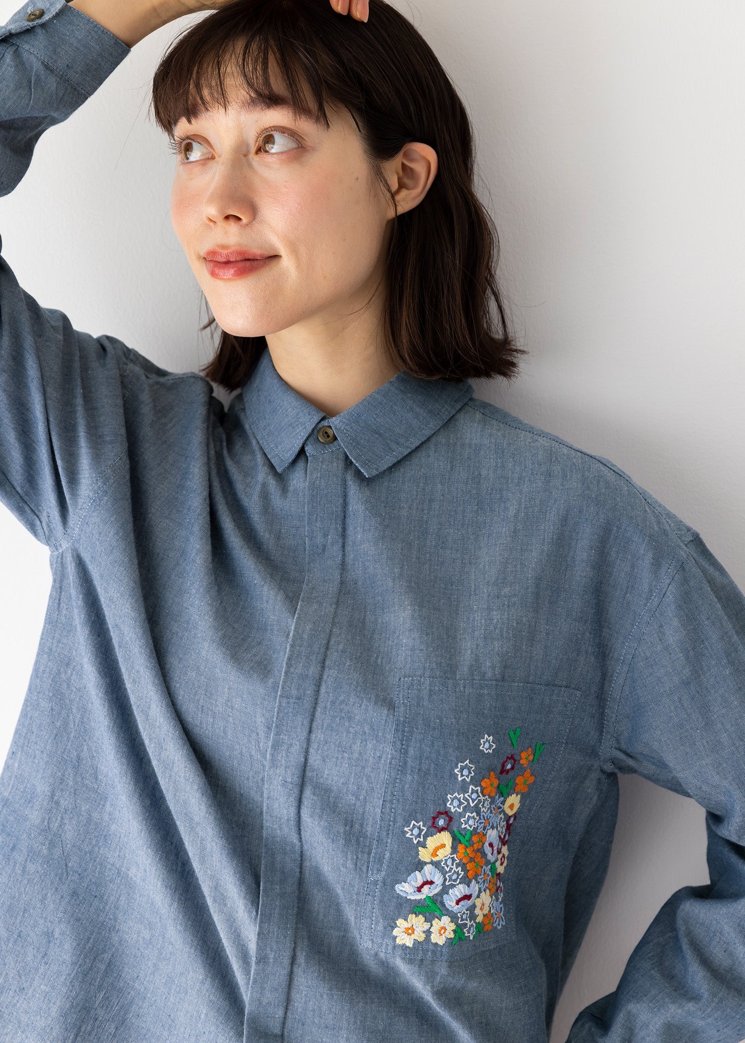 オーガニックコットンフラワー手刺繍ワイドブラウス