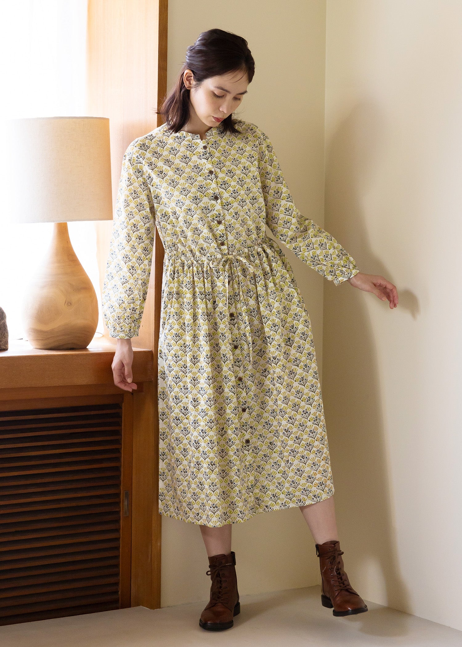 コットンブロックプリントワンピース フラワー柄 