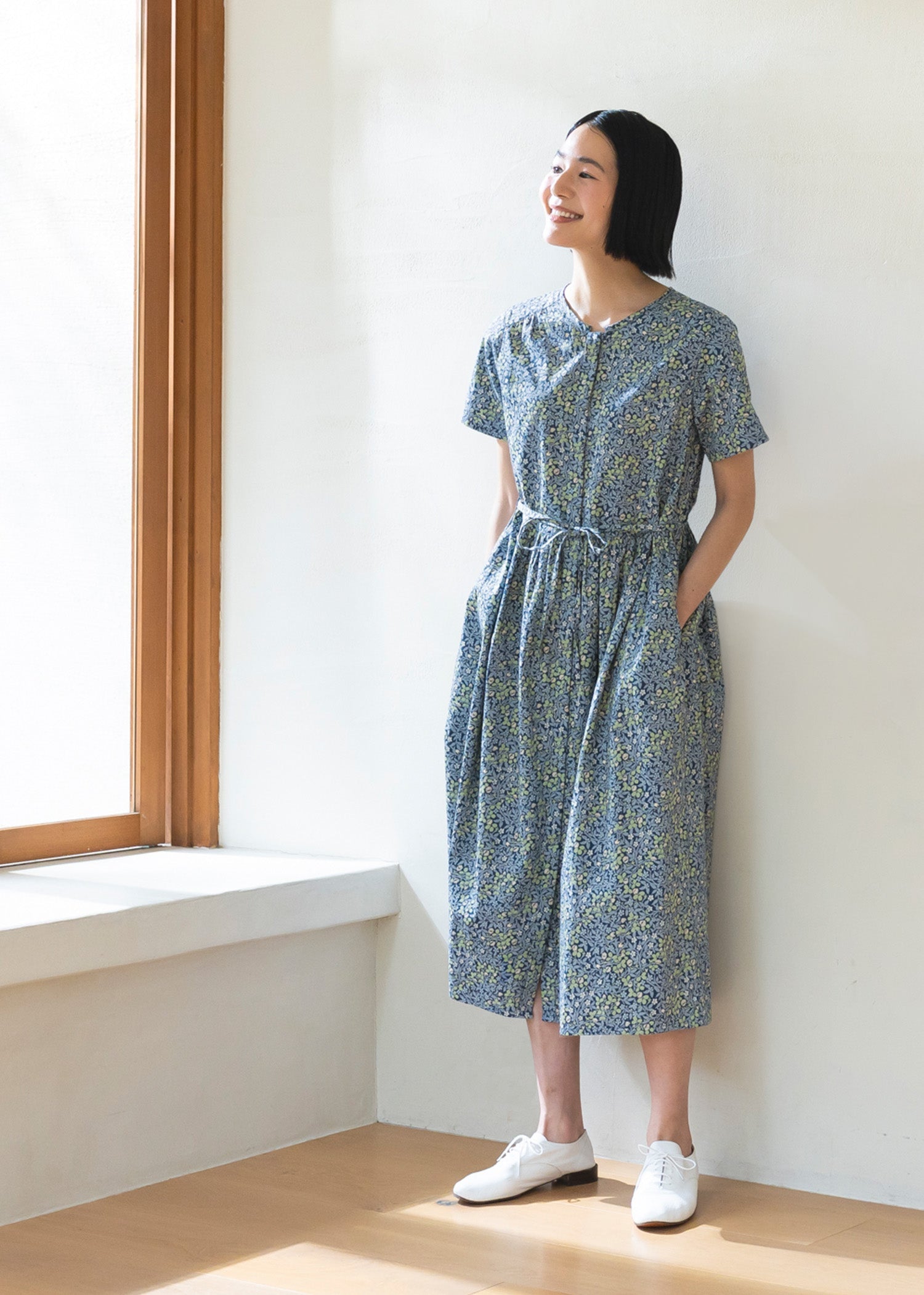 PEOPLE TREE V&A ワンピース V＆A オーガニックコットンサテン シャツワンピース クローバー柄