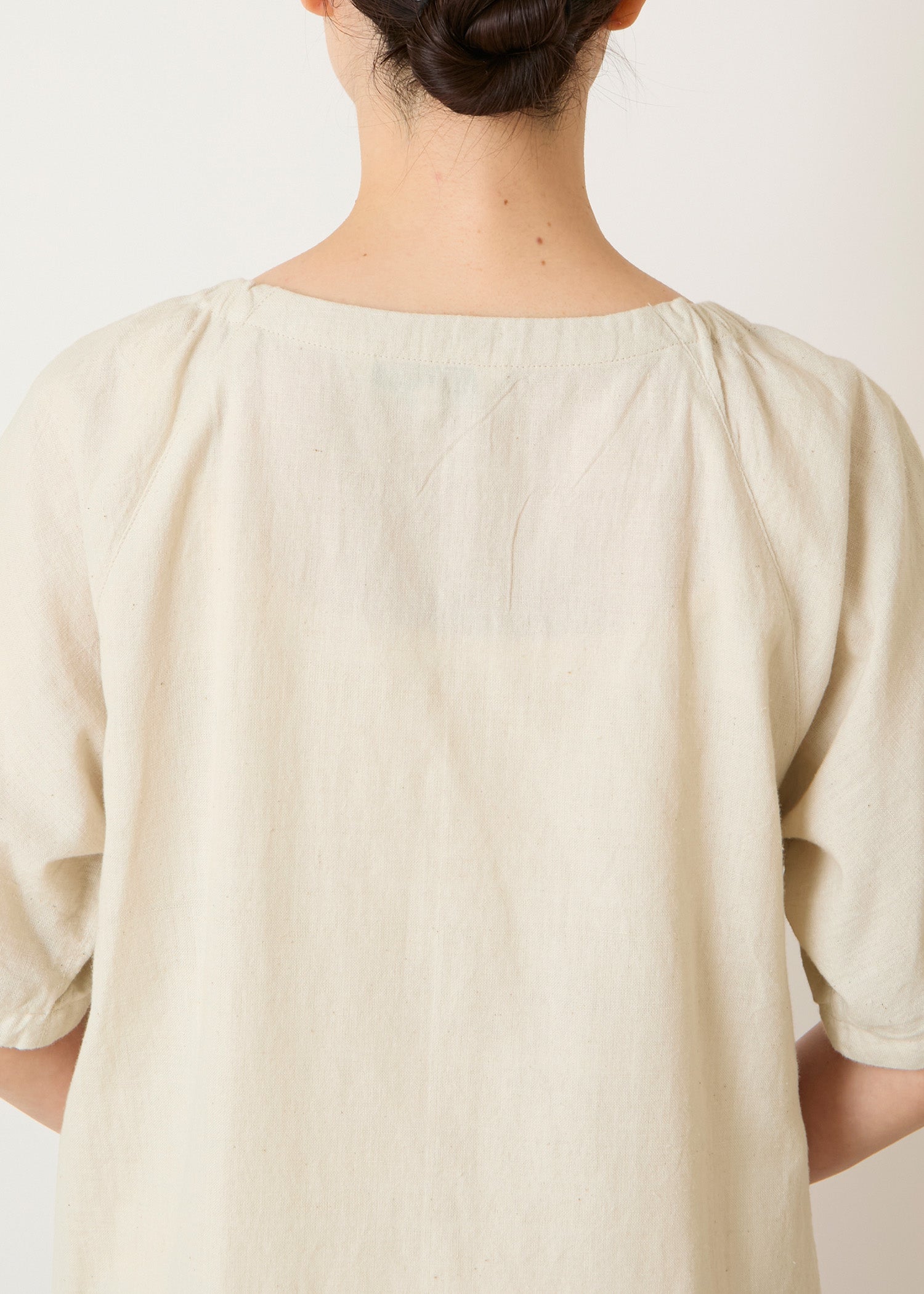 手織りコットンヘンプ パフスリーブワンピース