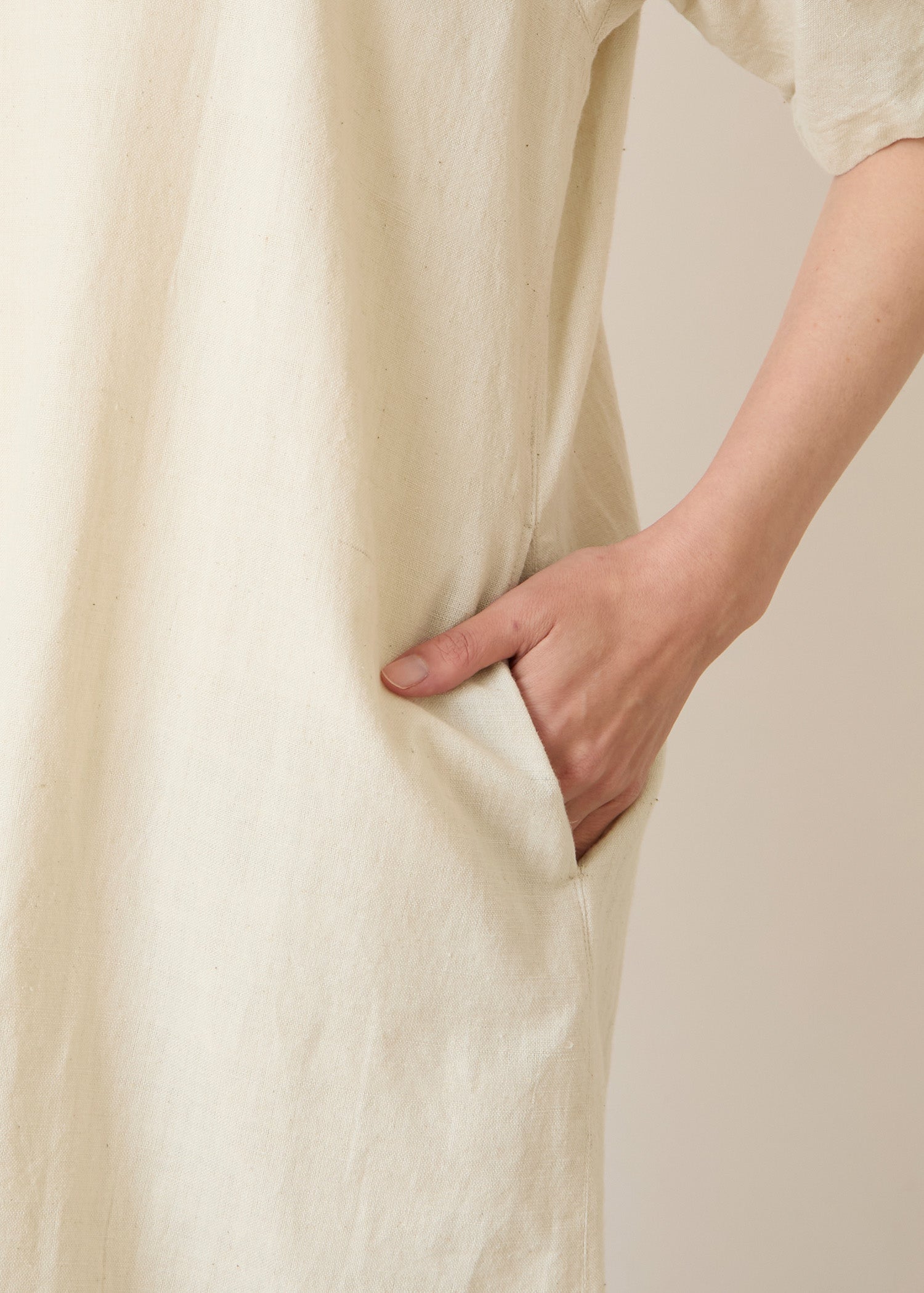 手織りコットンヘンプ パフスリーブワンピース