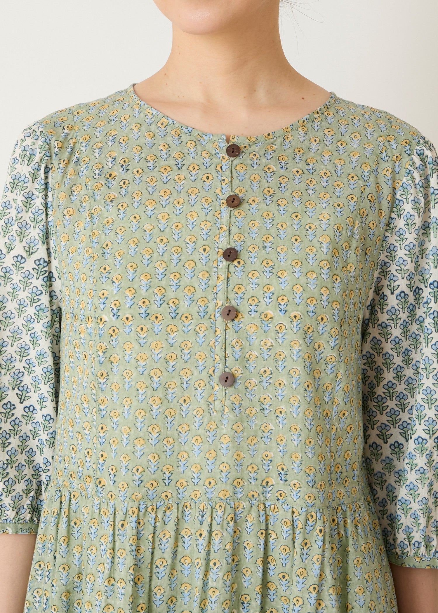 コットンブロックプリント ミックスパターンワンピース