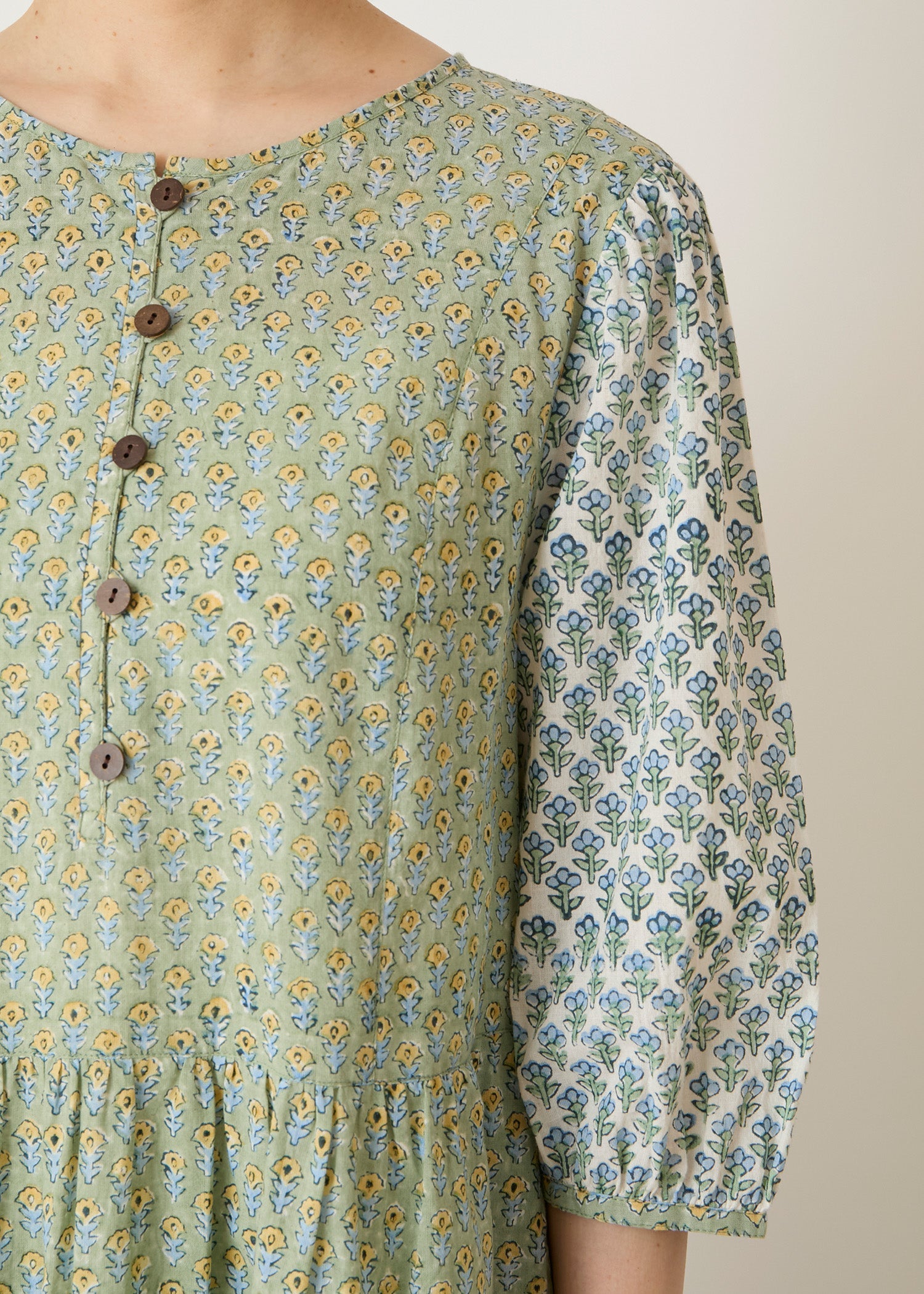 コットンブロックプリント ミックスパターンワンピース