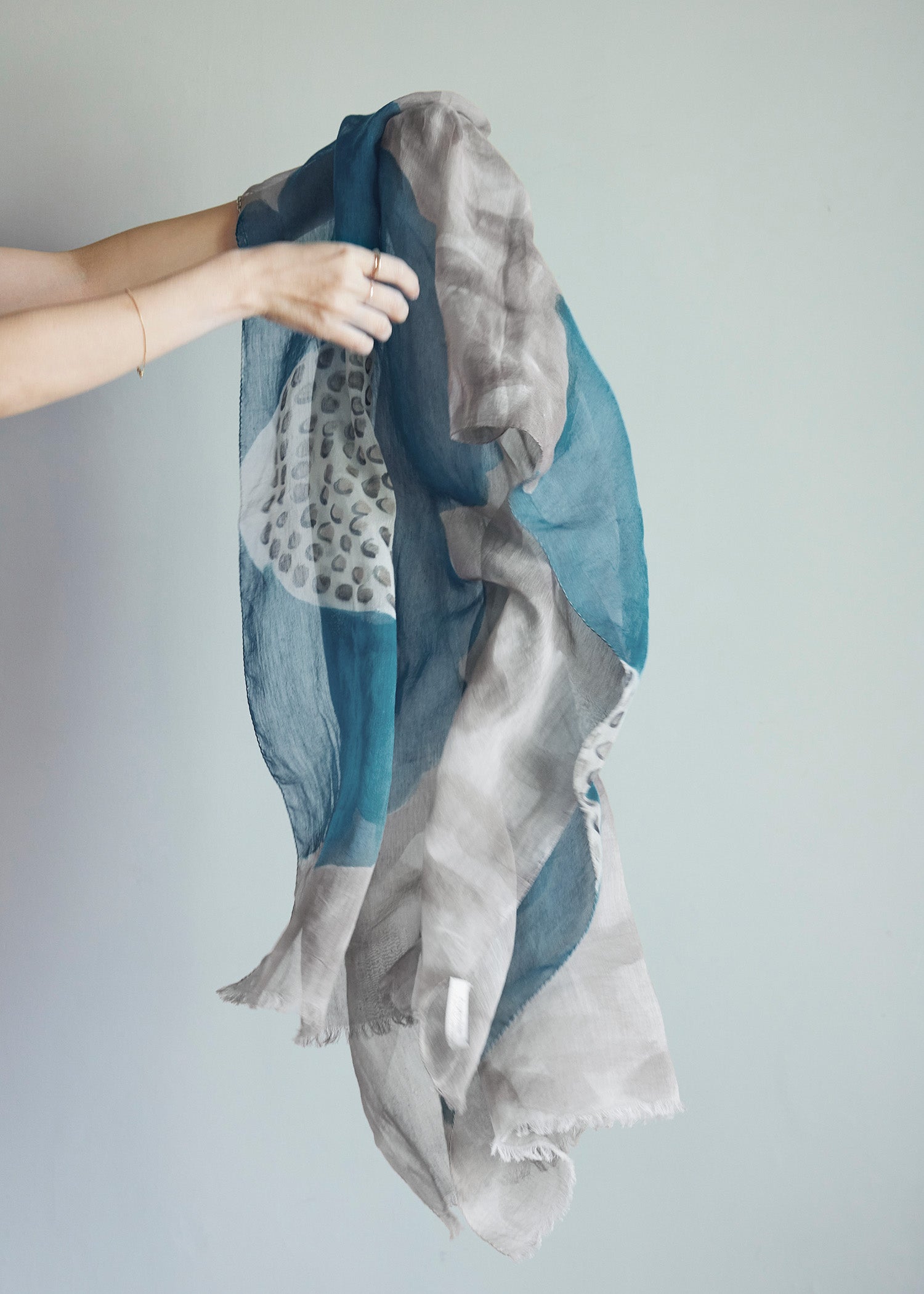 手織りハンドペイントコットンシルクストール ブルーフラワー