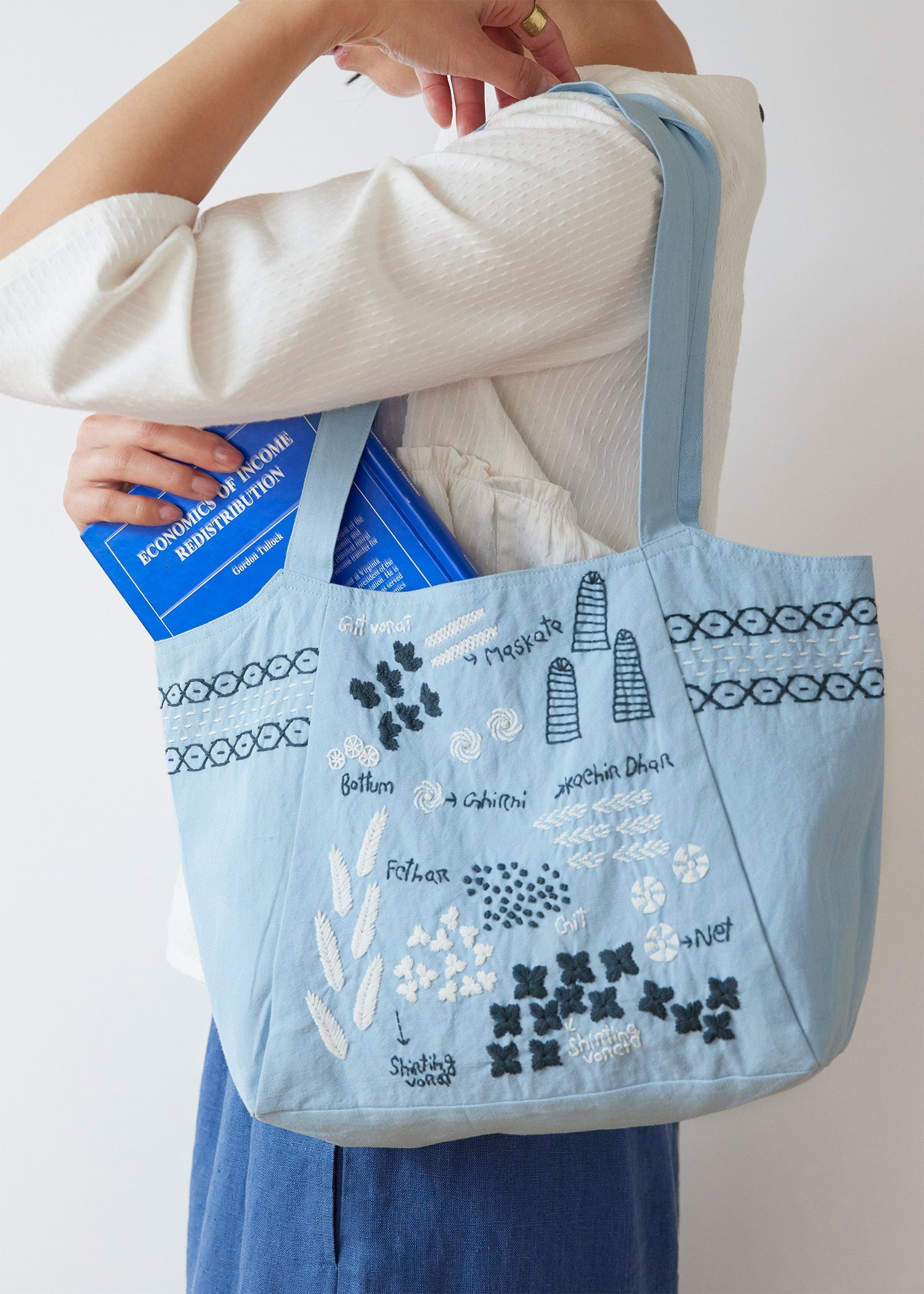 手織りオーガニックコットン手刺繍ショルダートート