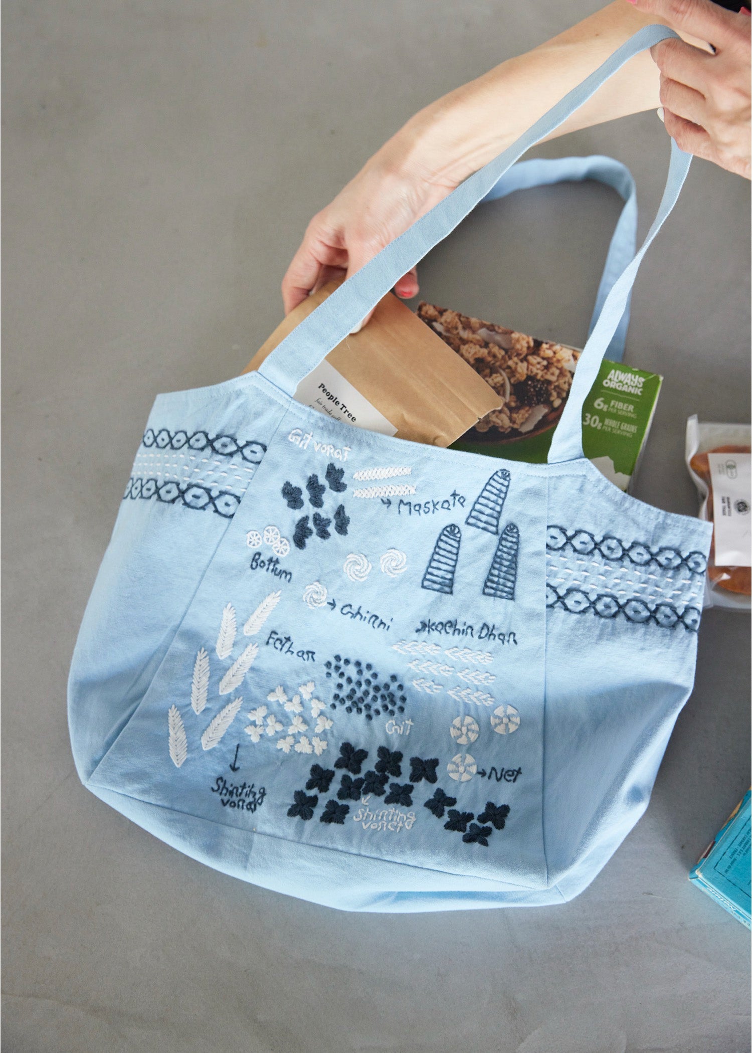 手織りオーガニックコットン手刺繍ショルダートート