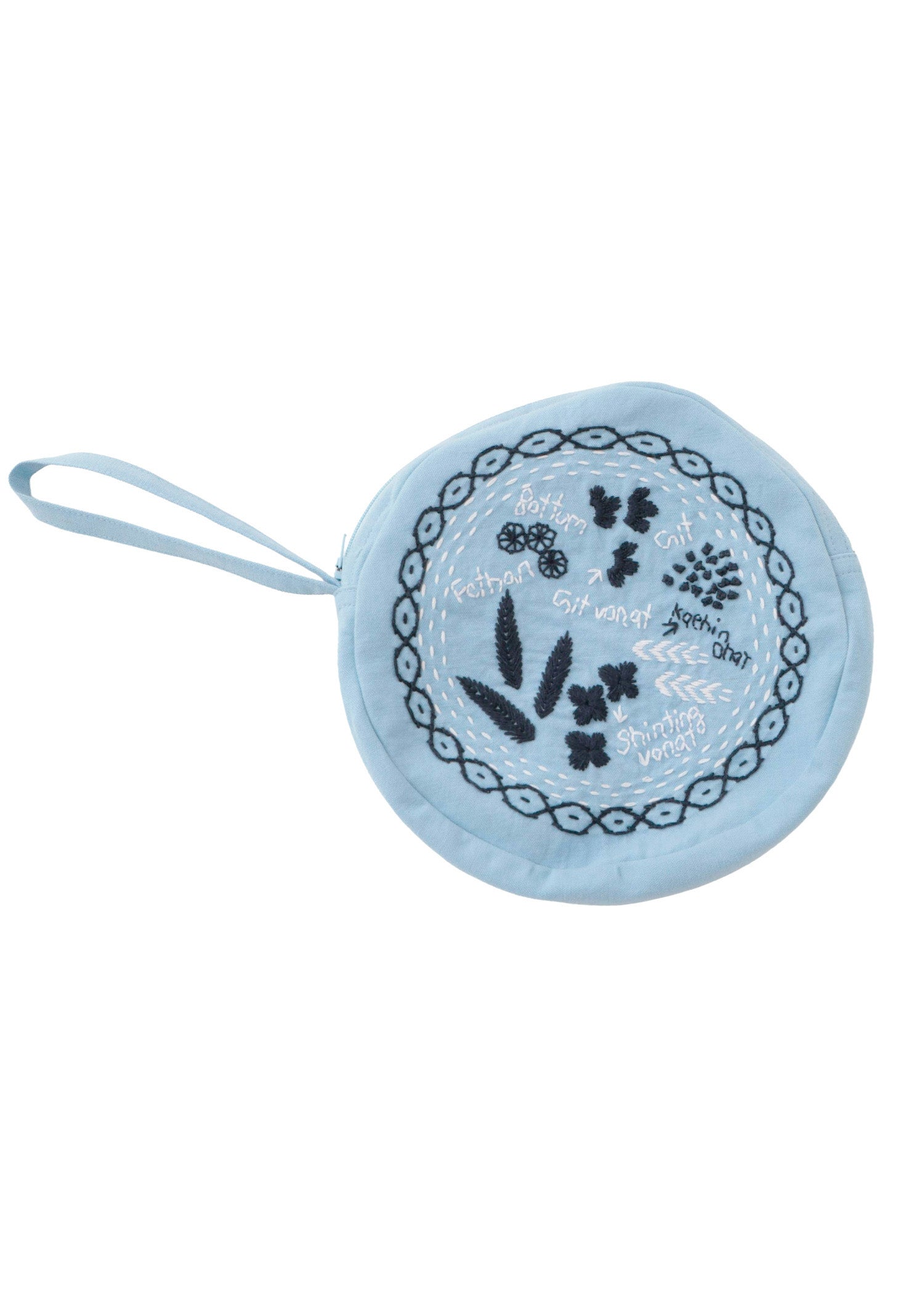 手織りオーガニックコットン手刺繍ラウンドハンドポーチ