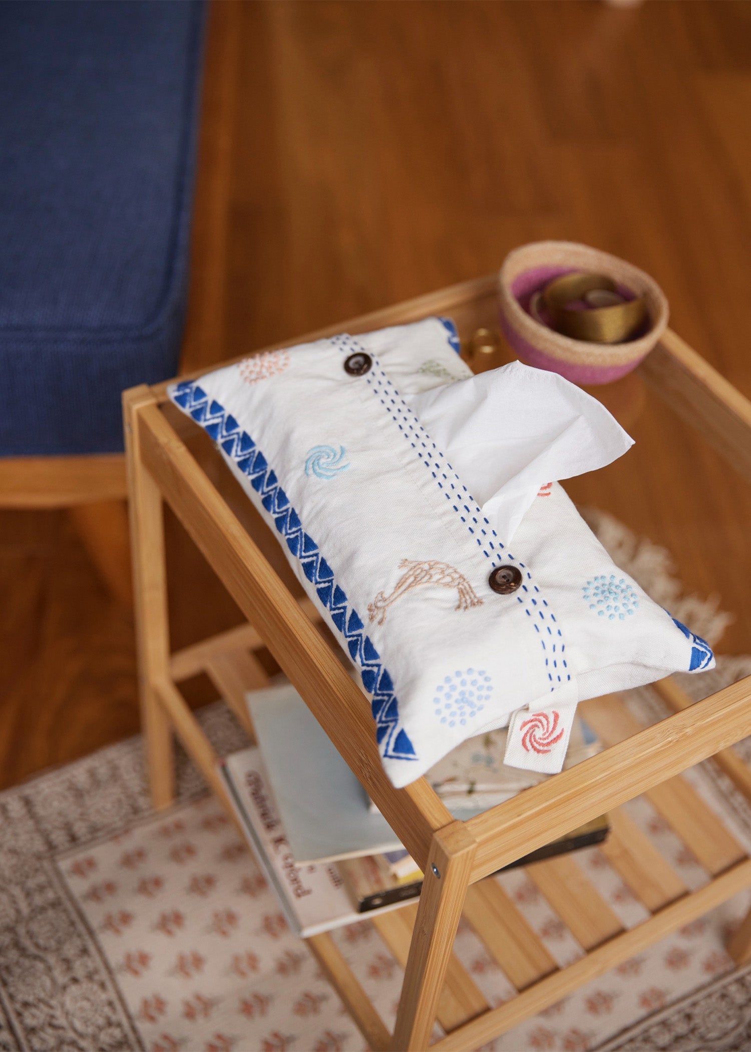 手織りオーガニックコットン手刺繍ティッシュケース
