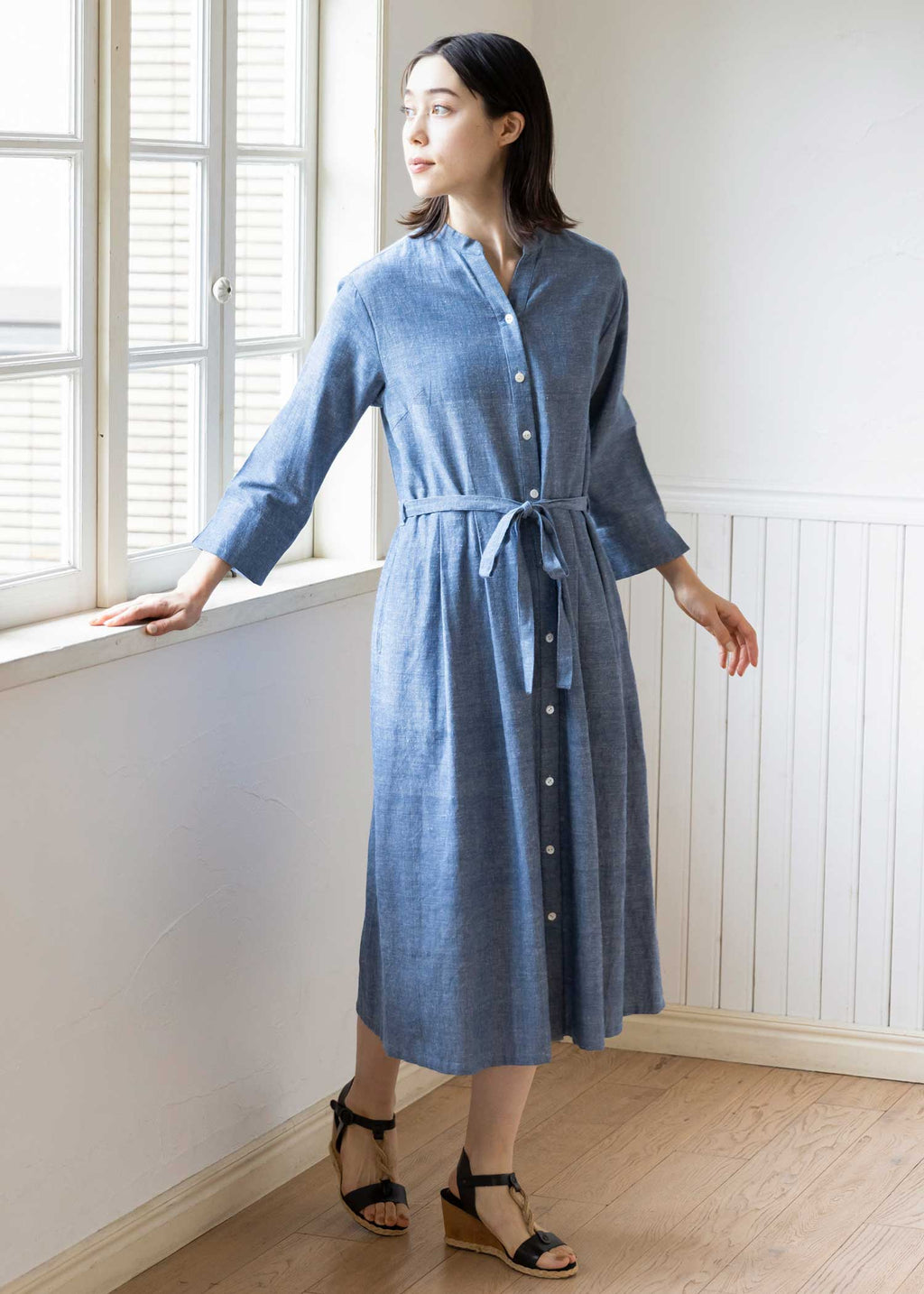 手織りコットンヘンプ七分袖シャツワンピース 