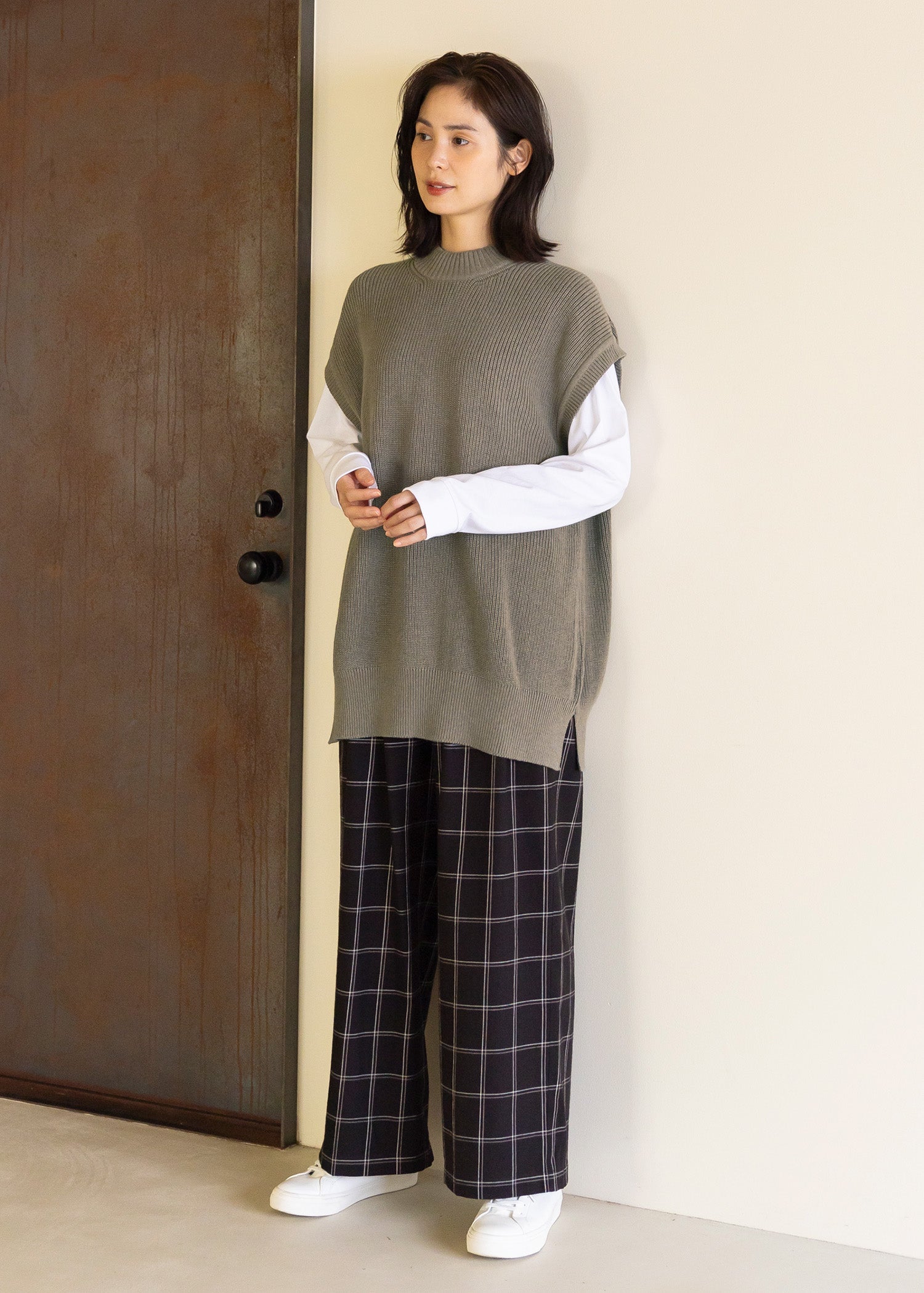 手織りオーガニックコットン チェックワイドパンツ