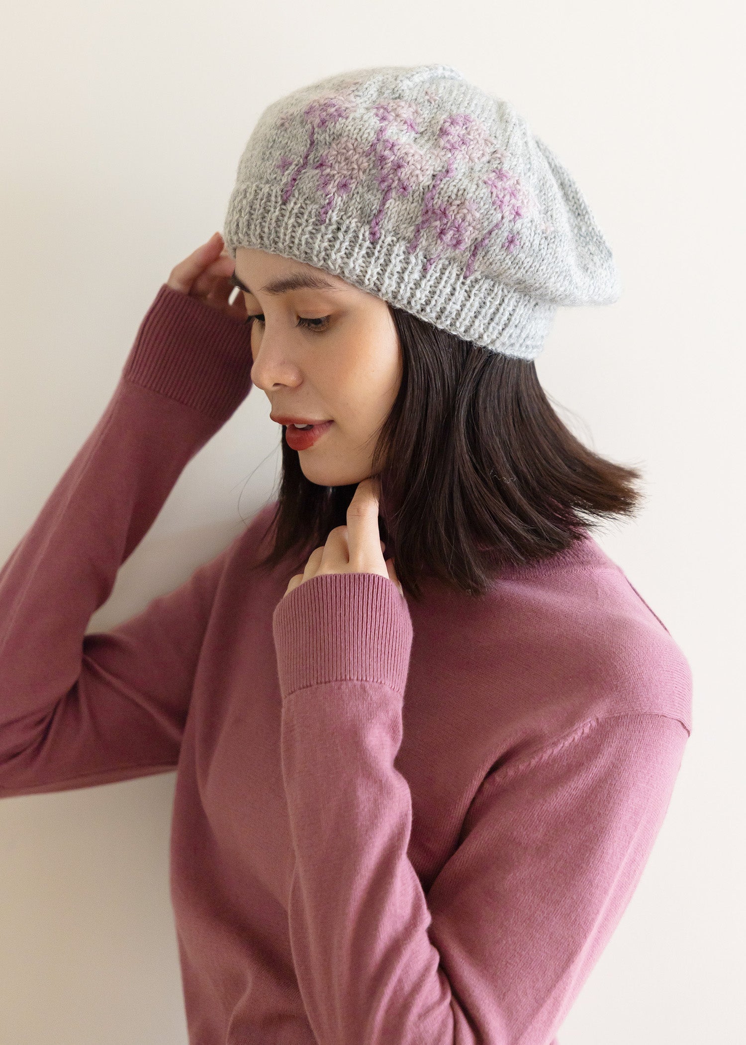 手編みフラワーモチーフ手刺繍ベレー