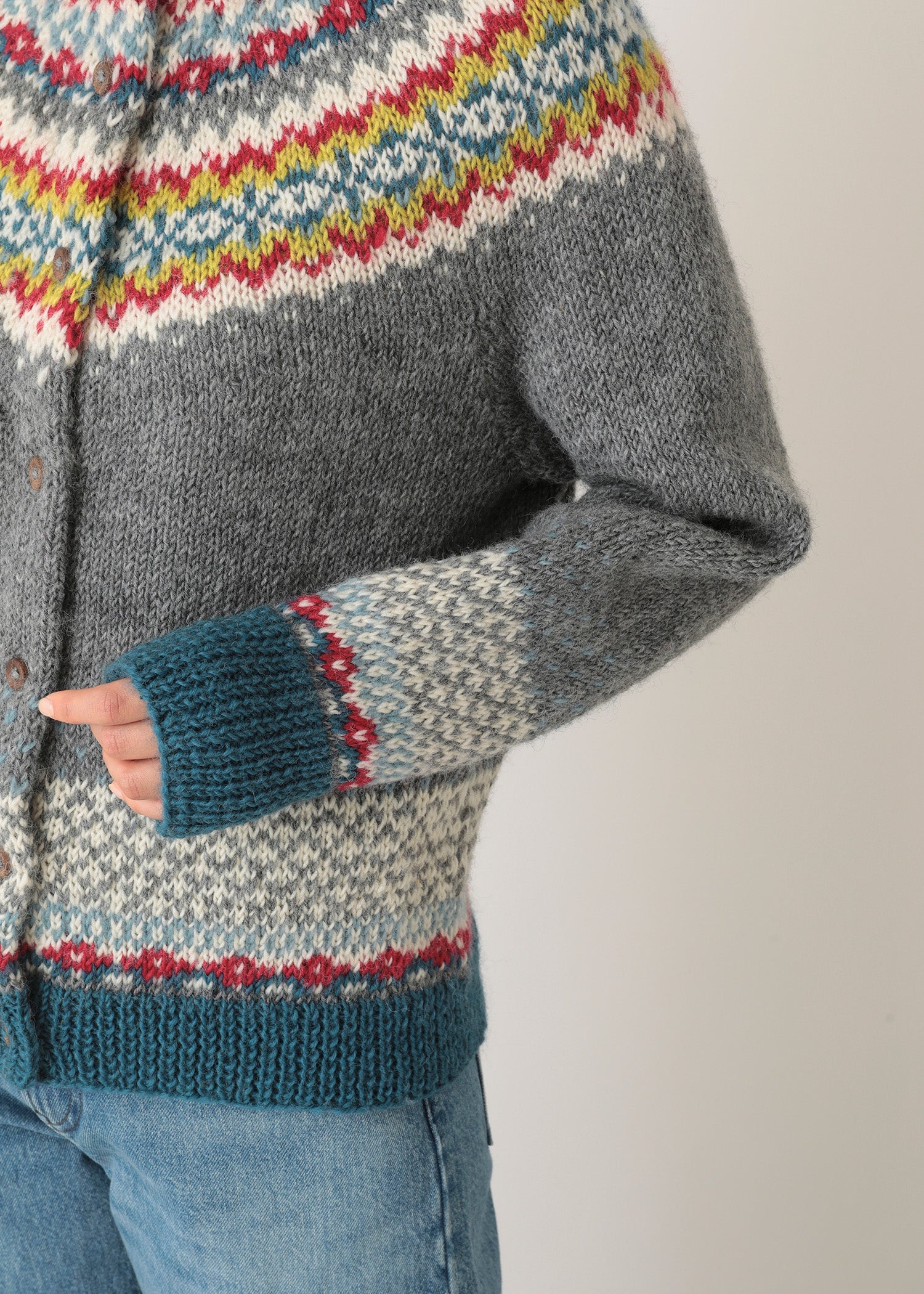手編みフェアアイルクルーネックカーディガン