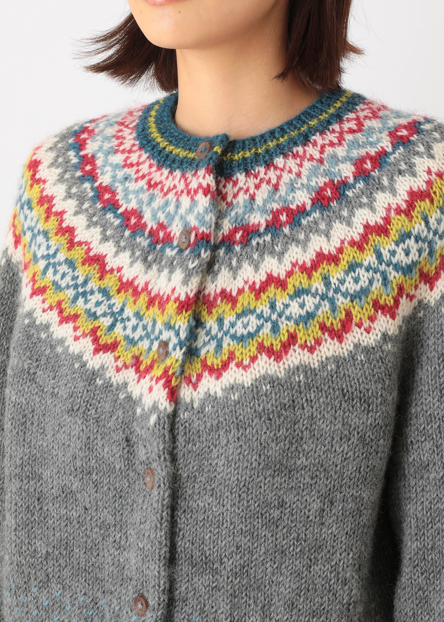 手編みフェアアイルクルーネックカーディガン