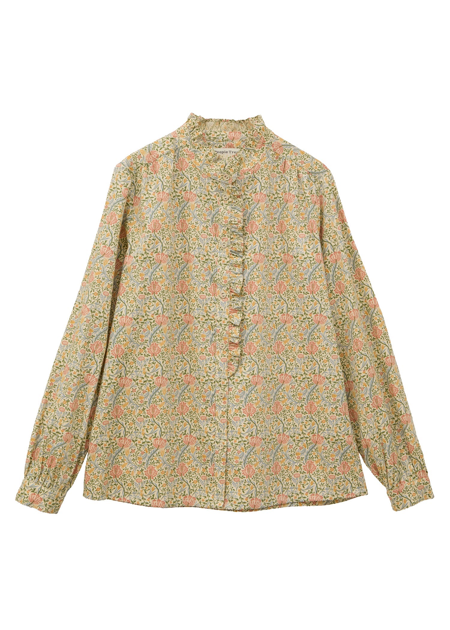 Ｖ＆Ａ オーガニックコットンサテンフリルスタンドカラーブラウス フローラ柄