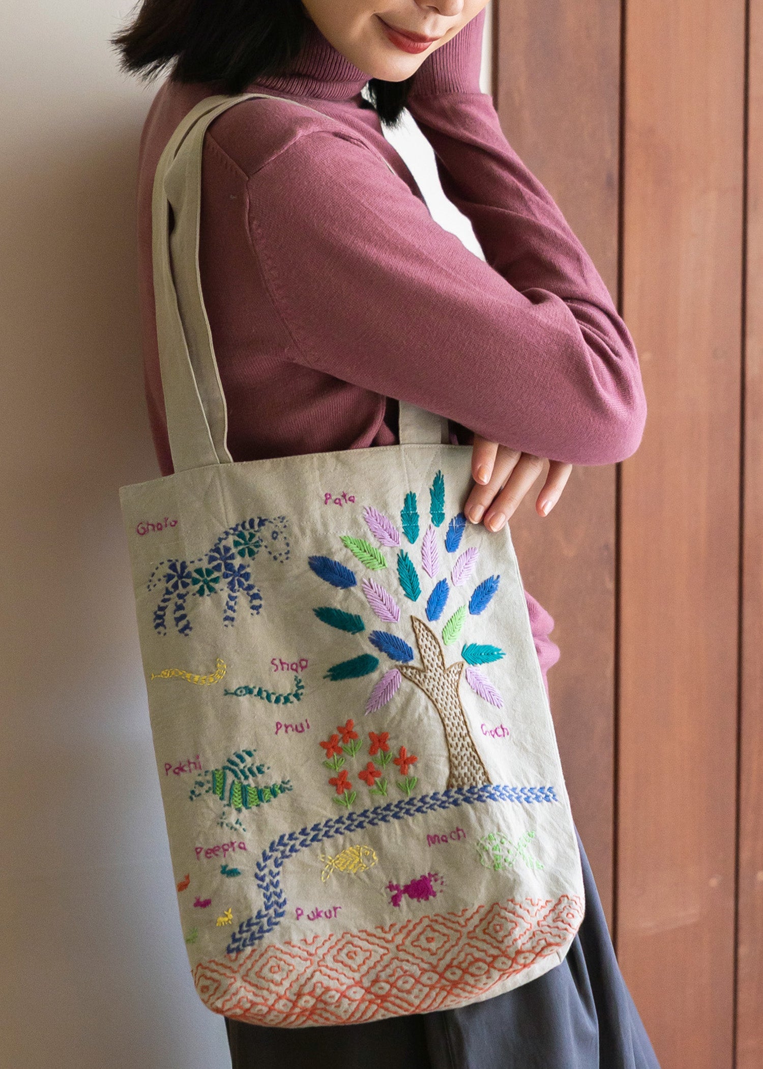 手織り手刺繍トートバッグ ビオトープ