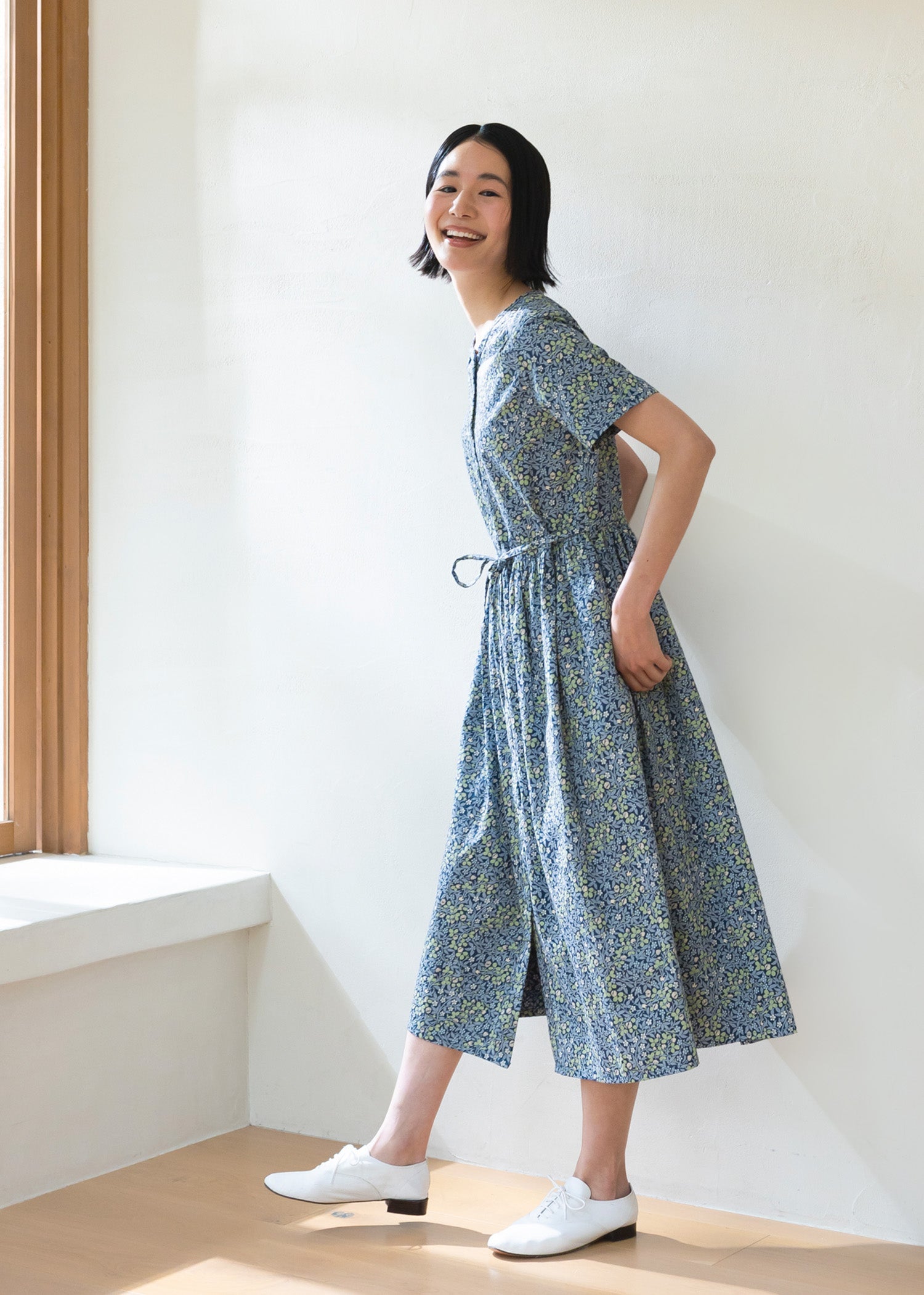 V＆A オーガニックコットンサテン シャツワンピース クローバー柄