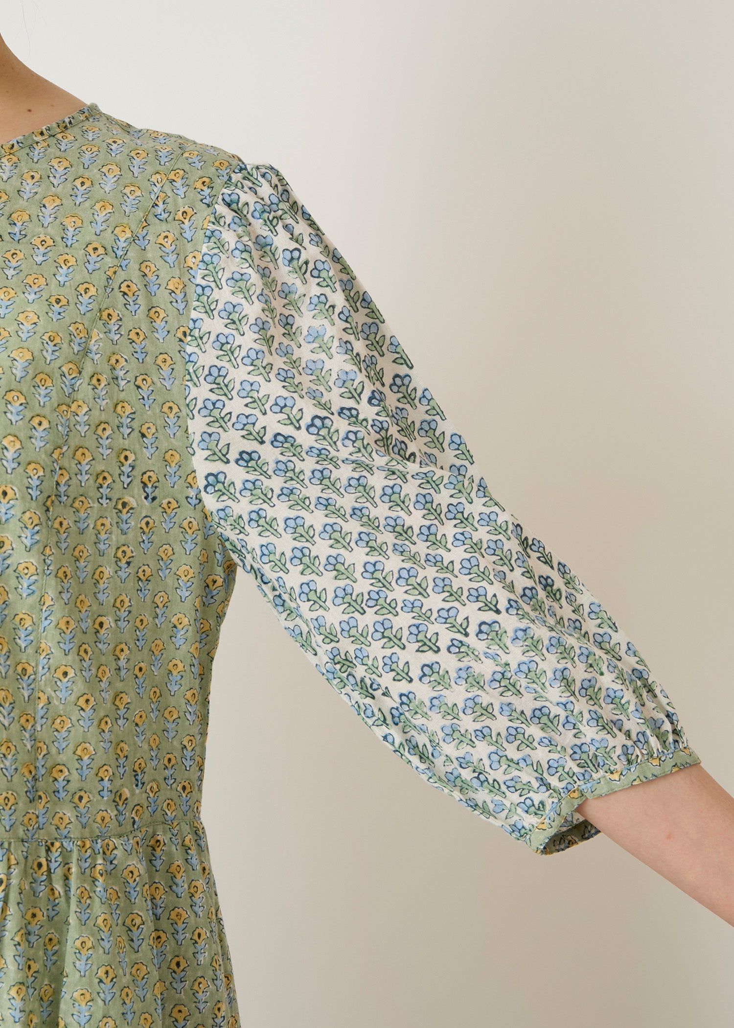 コットンブロックプリント ミックスパターンワンピース