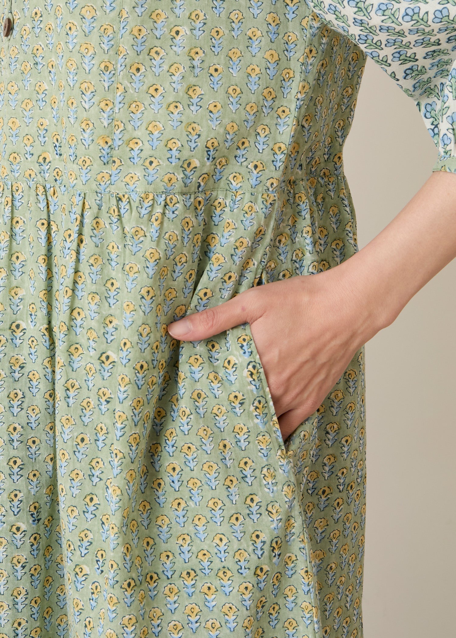 コットンブロックプリント ミックスパターンワンピース