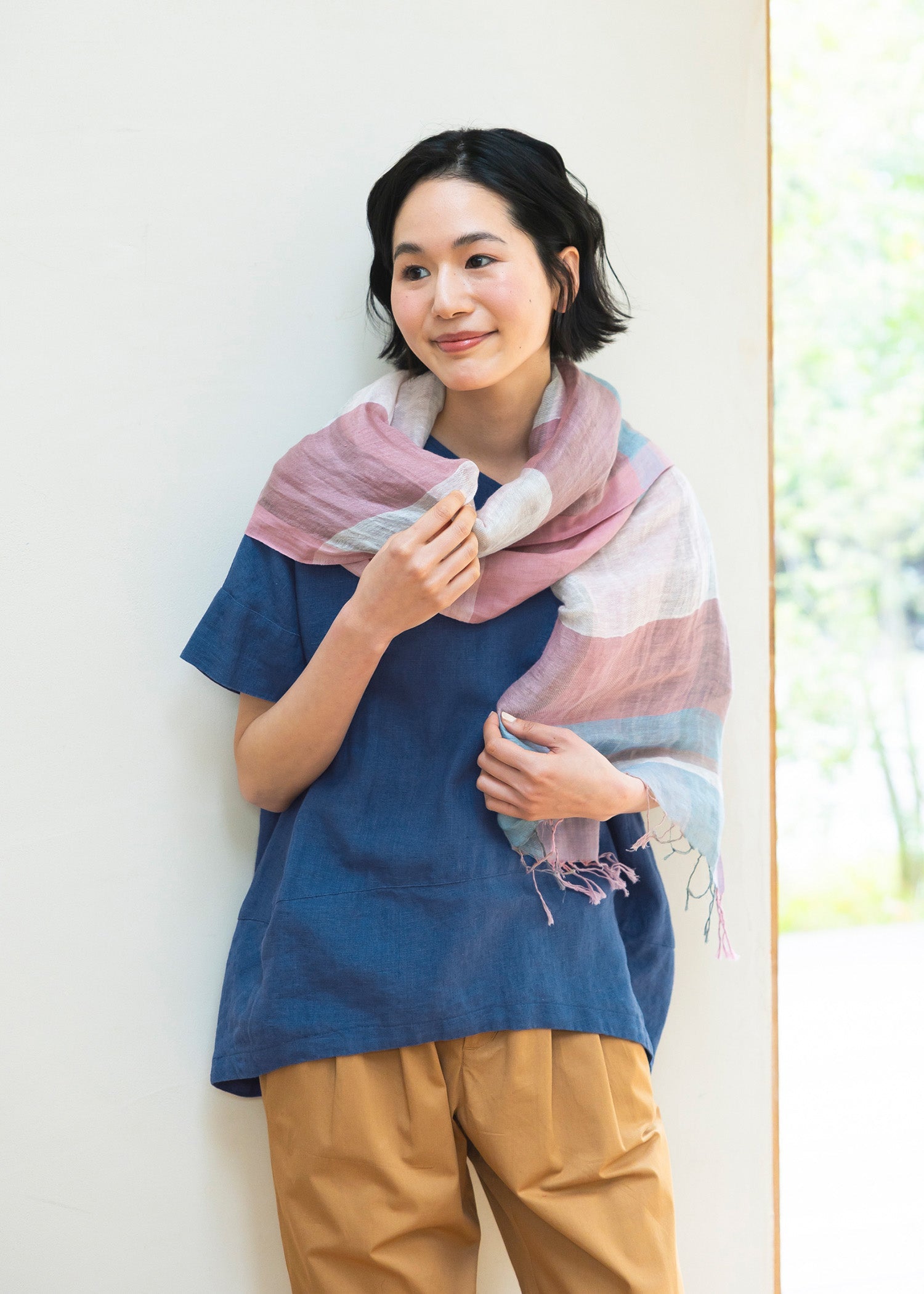 手織りコットンリネン チェックストール　