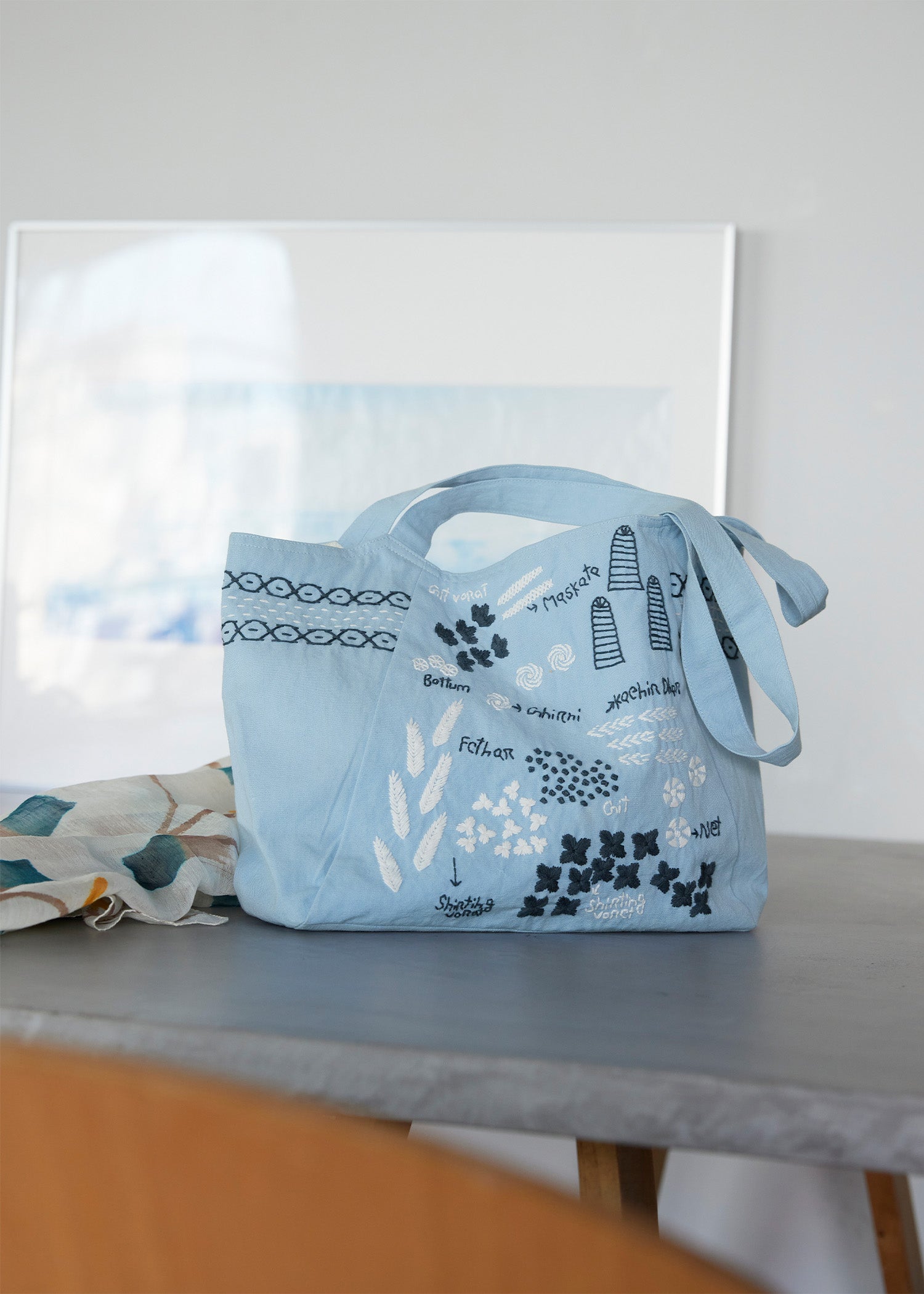 手織りオーガニックコットン手刺繍ショルダートート