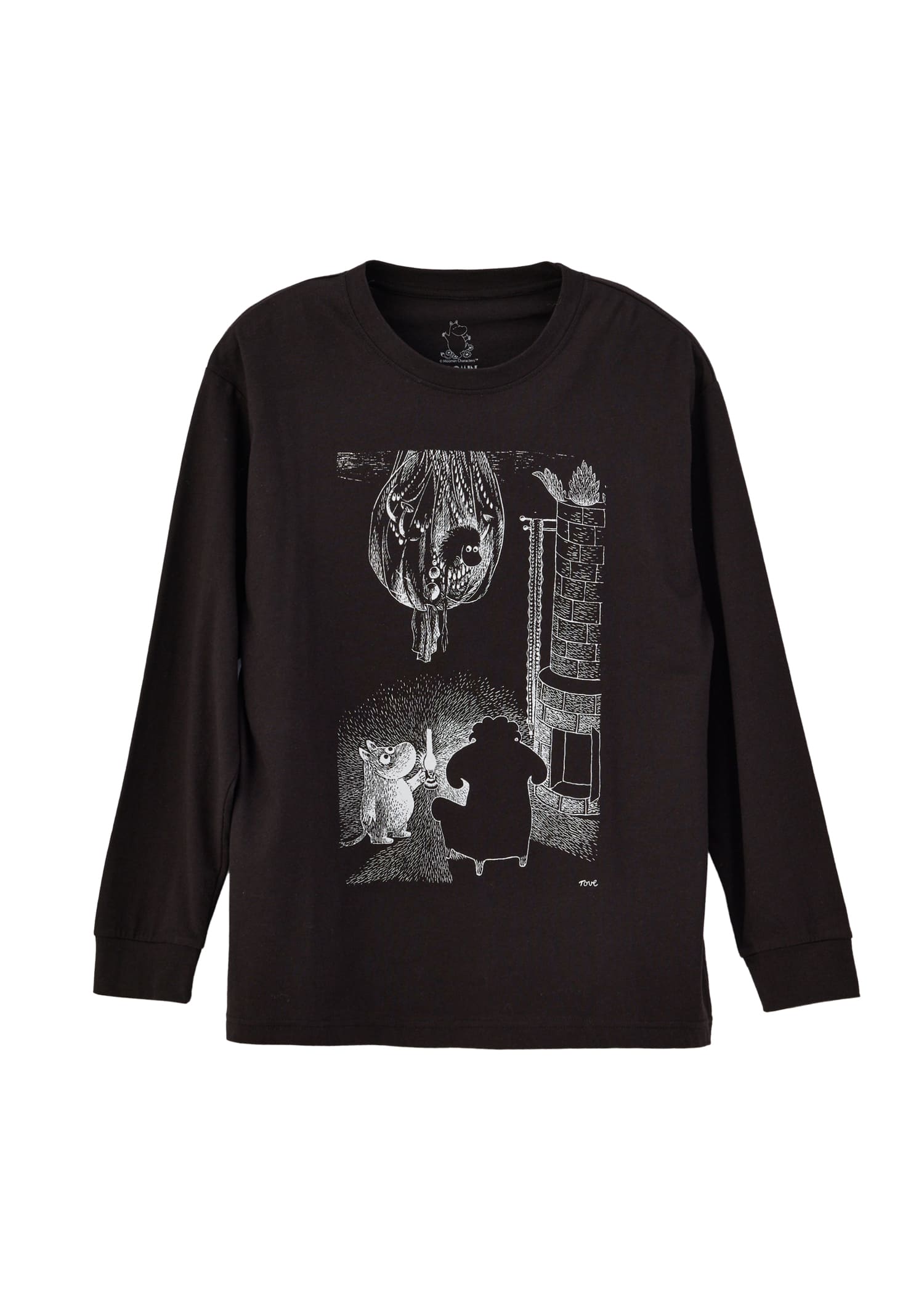 ムーミン オーガニックコットン ユニセックスロングスリーブＴシャツ・ランプに照らされたムーミンとご先祖さま