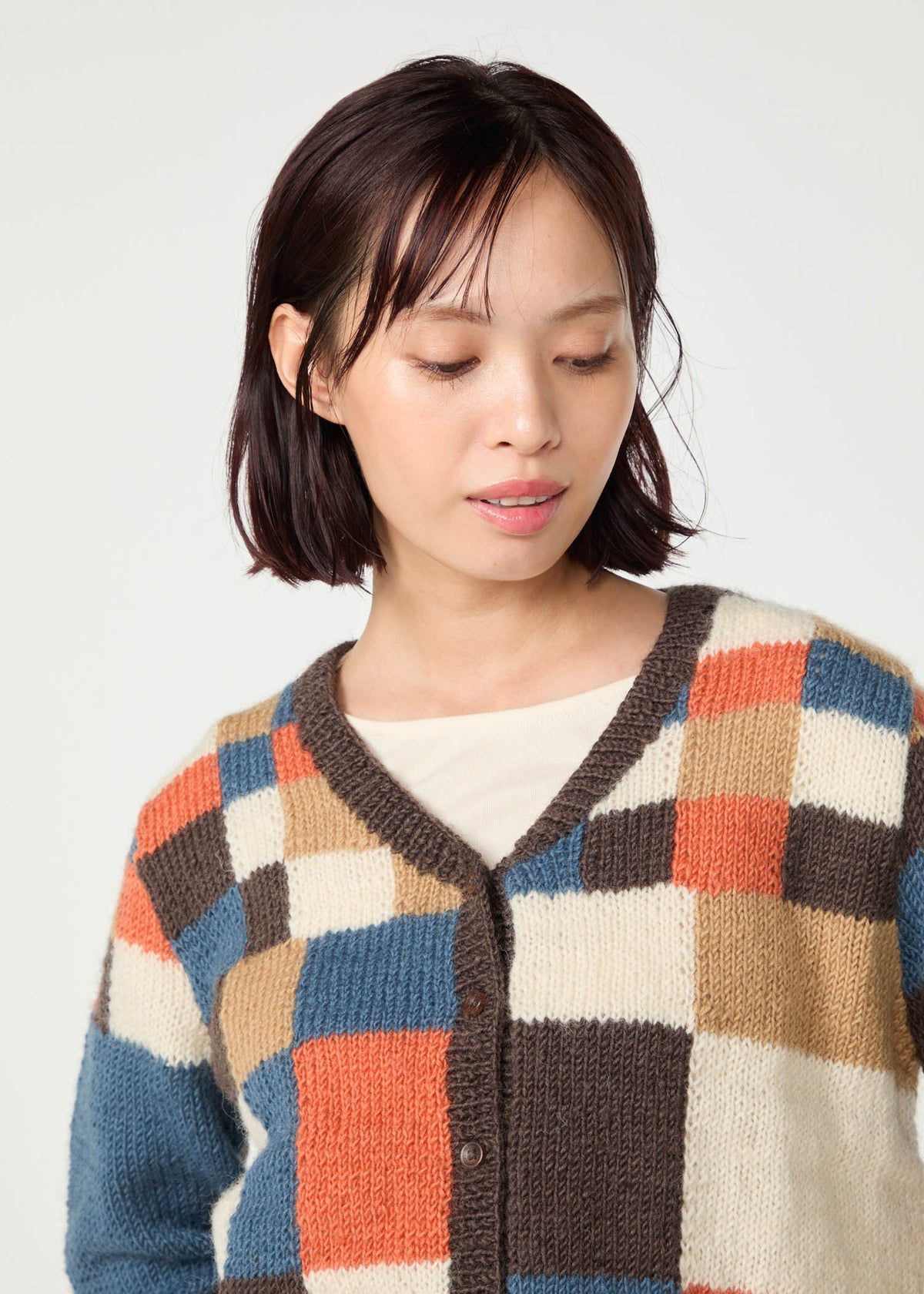 手編みモザイク柄 Vネックカーディガン