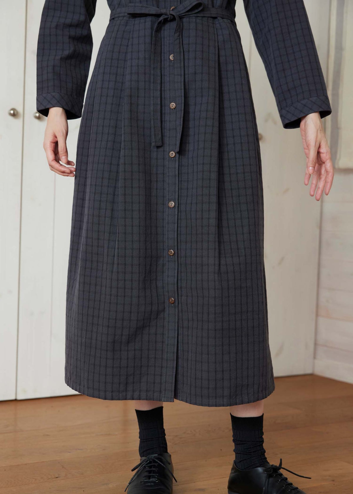 手織りオーガニックコットンチェック キーネックワンピース